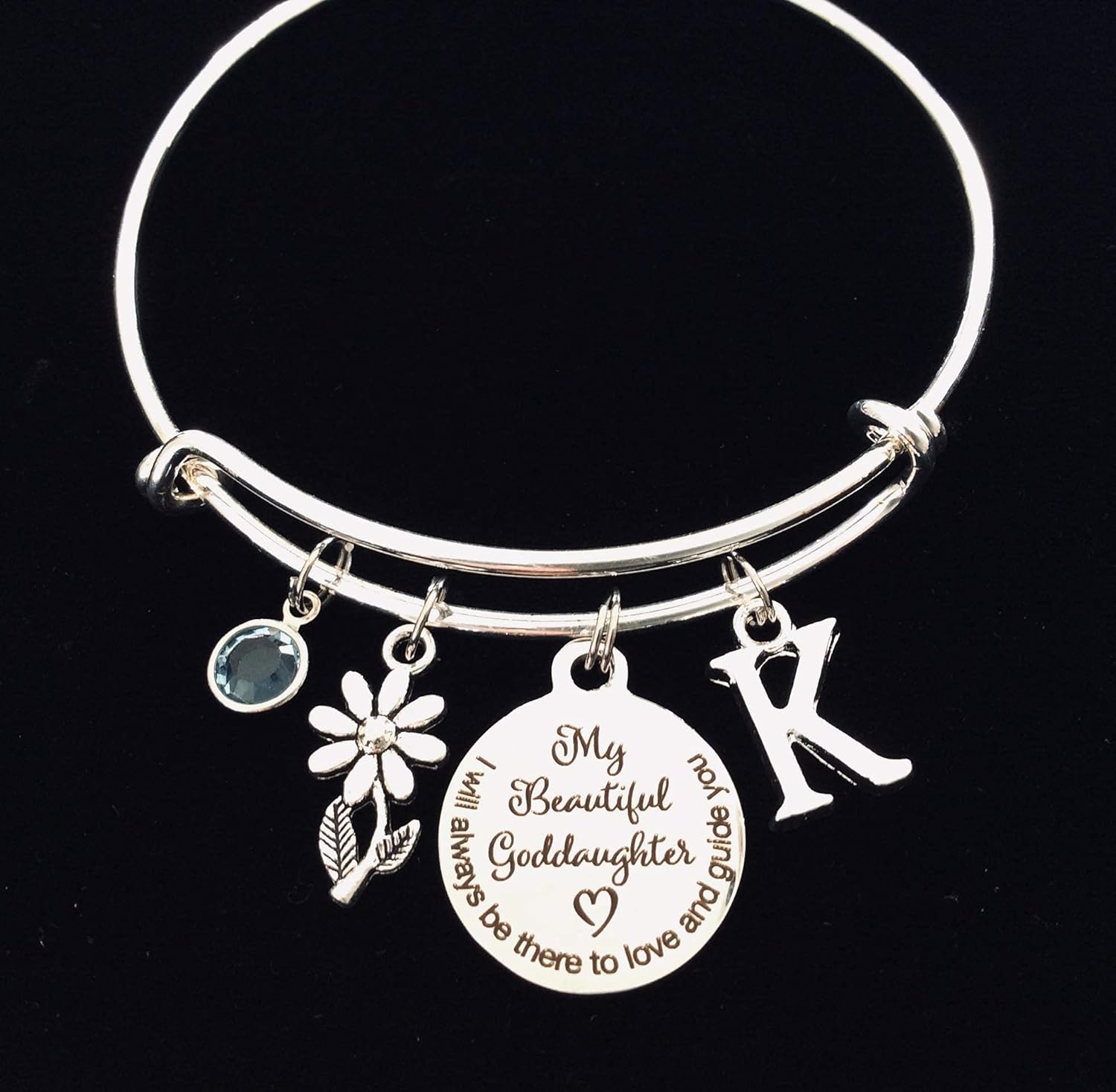Goddaughter Charm Bracelet Adjustable Silver Bangle with Birthstone Flower and Initial Charm Gift from Godparent My Beautiful Goddaughter Jewelry Handmade - Image 2