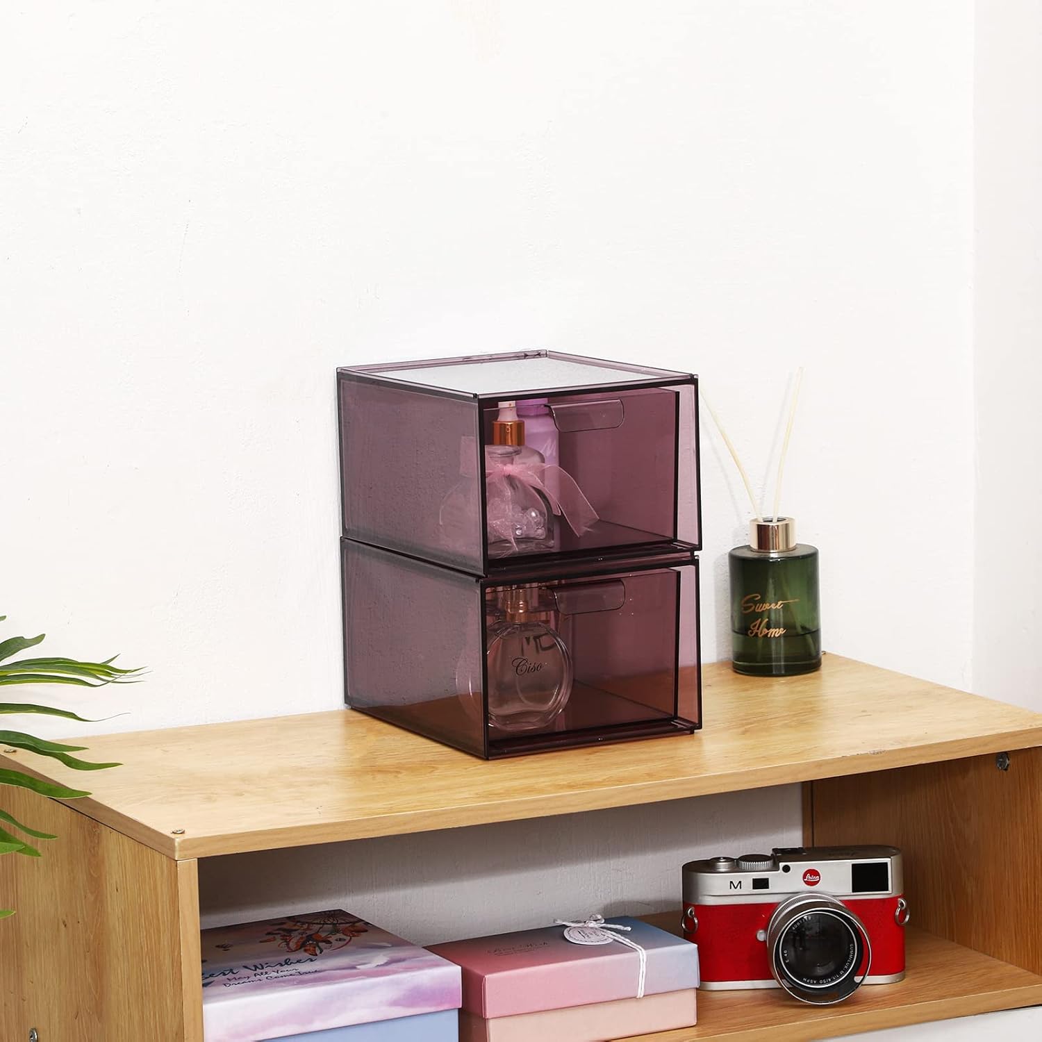 Yieach 2 Pack Stackable Makeup Organizer Storage Drawers 4.5'' Tall Acrylic Cosmetic Display Case Purple Bathroom Plastic Storage Bins For Vanity,Under Cabinets,Pantry Organization and Storage : Home & Kitchen