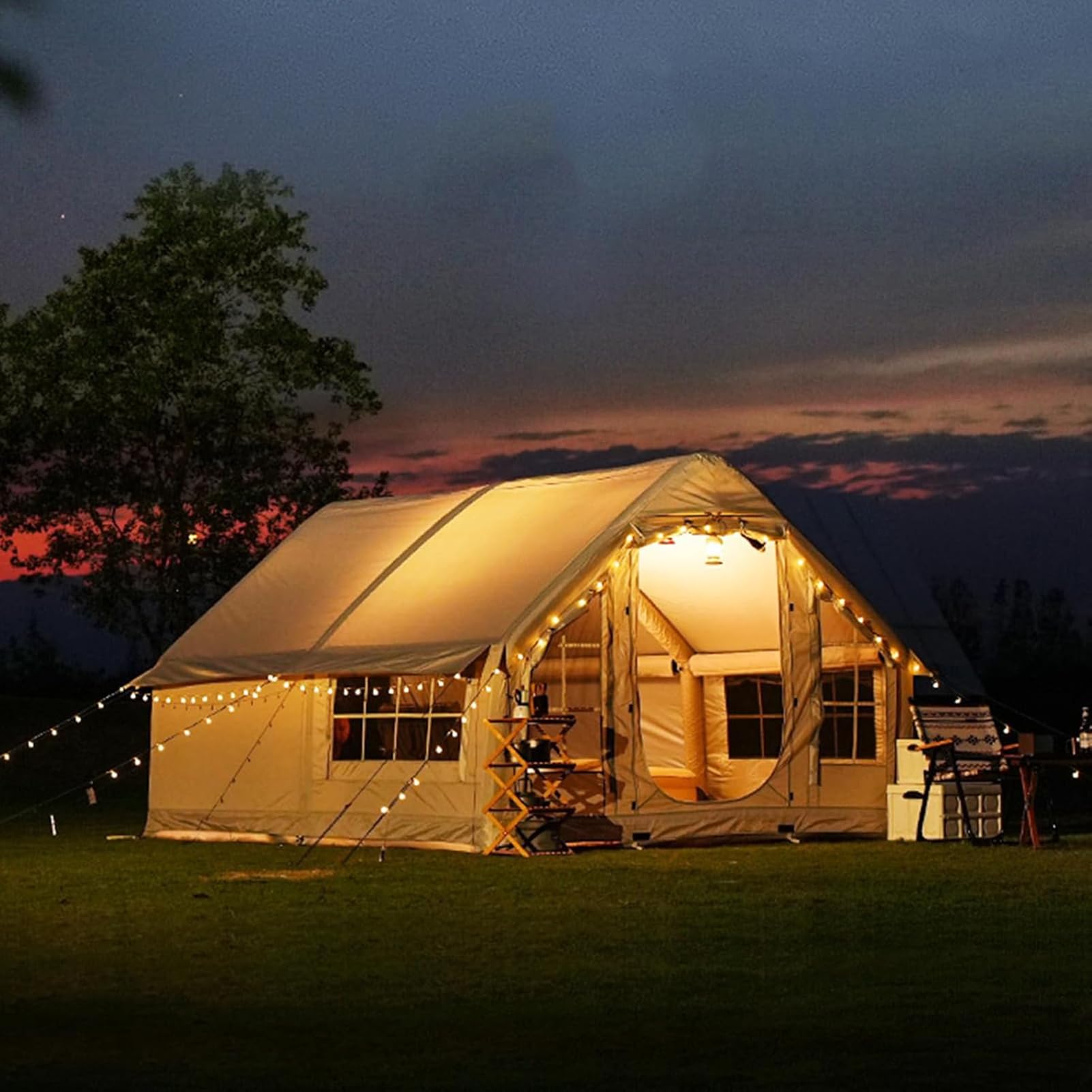 Tente De Camping Gonflable avec Ouverture De Cheminée, Tente Gonflable, Grande Tente Extérieure Imperméables avec Pompe À Air pour 6-8 Personnes, Tente Camping Familiale, Protection UPF 50+