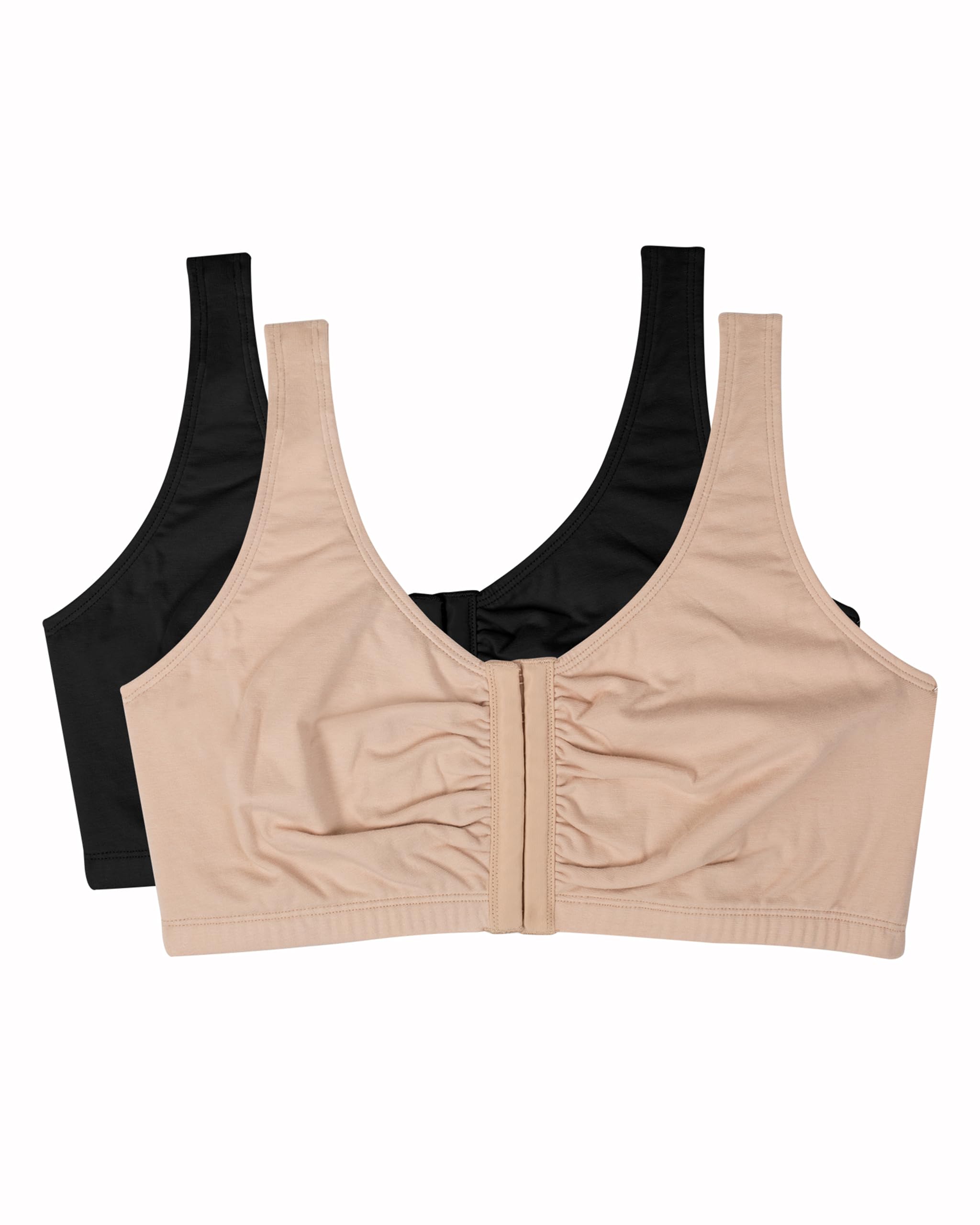 Fruit of the Loom Women's Front Close Builtup Sports Bra, Opaque, Sand/Black 2-Pack, 44 (Pack of 2)