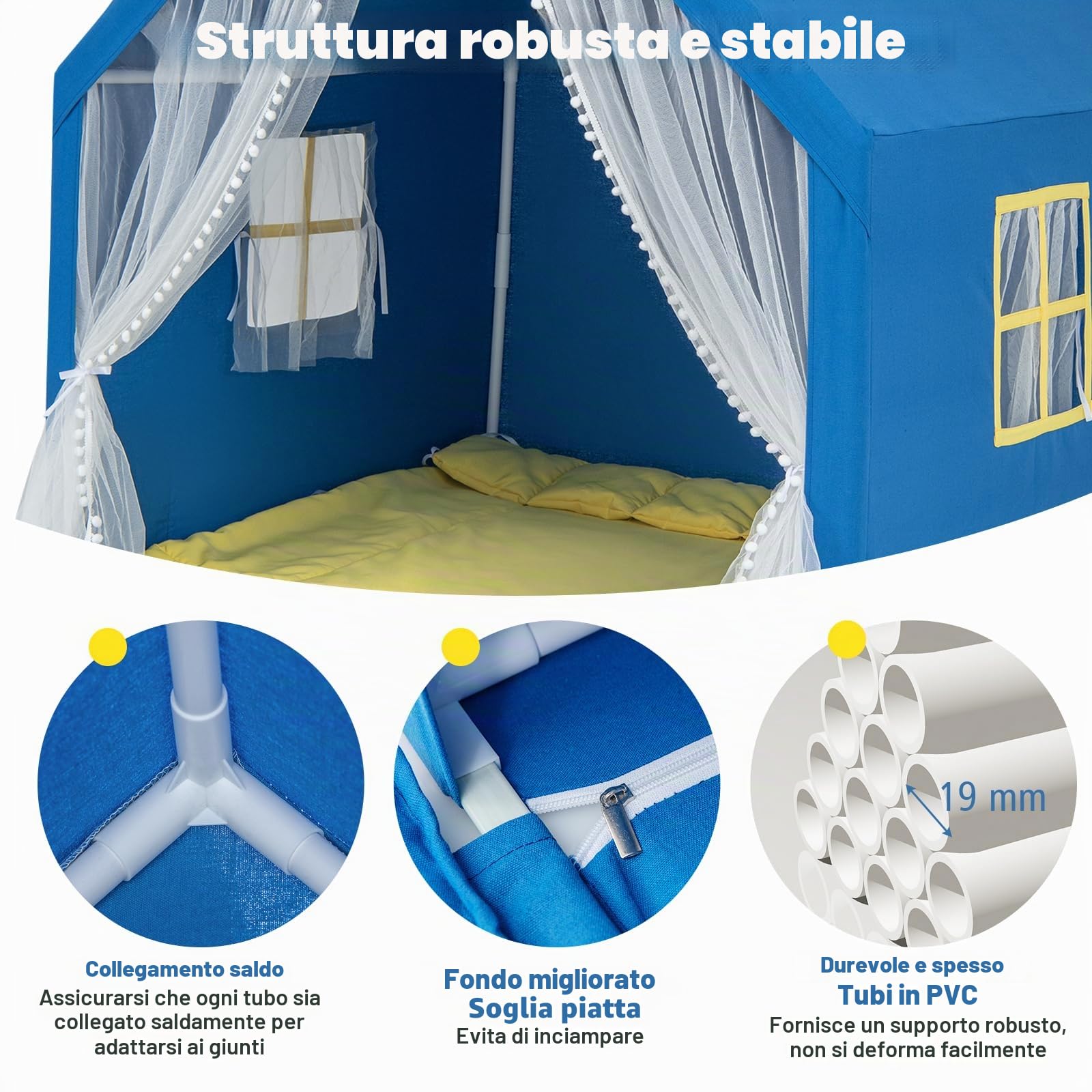 HOMASIS Tenda per Bambini da Interno, Tenda Gioco con Luci a Forma di Stella e Tappeto in Cotone, Tenda Cameretta con Tasca Laterale, Casa per Giochi per 2 Bambini, 122 × 105 × 125 cm (Blu)