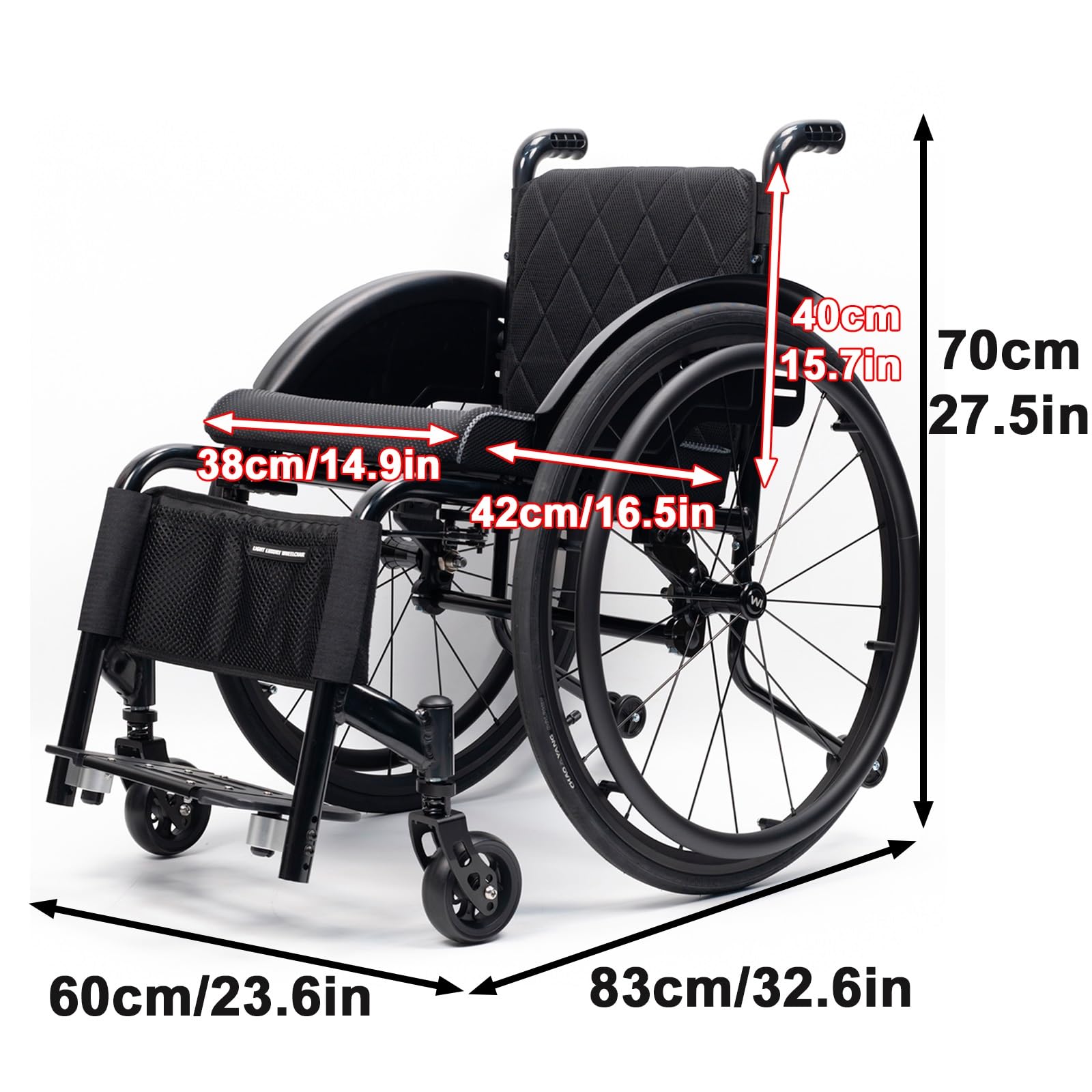 Wózki inwalidzkie dla dorosłych, nośność 100 kg, nieskładane, stop aluminium, wyposażone w podnóżki, siedzisko i tylne koła 24" (szerokość siedziska: 38 cm)
