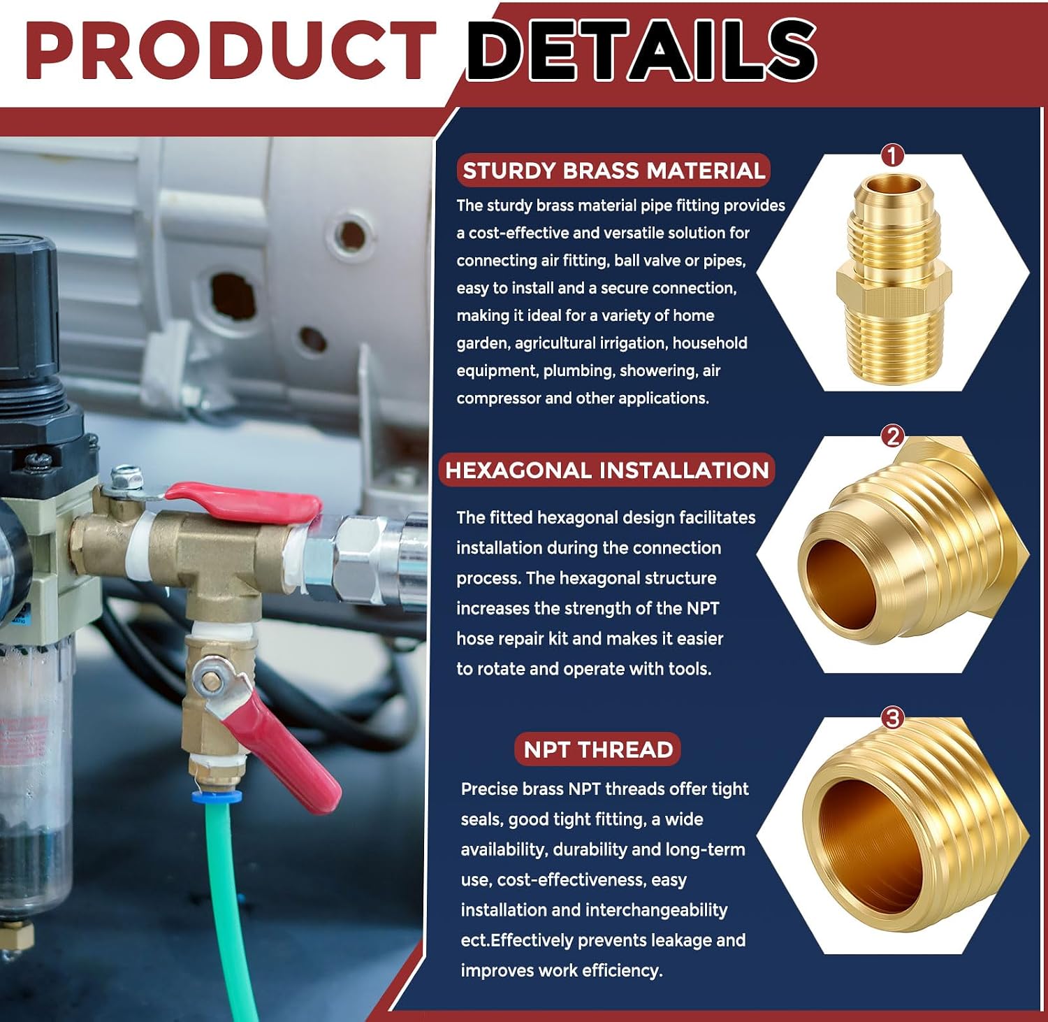Pack of 2, 3/4" Male Flare to 1/2" Male NPT Solid Brass Hex Nipple Hose Connectors, Male Pipe Adapter for Pipe Leak Repair, Bathroom Remodeling, Tool Extensions, Compression