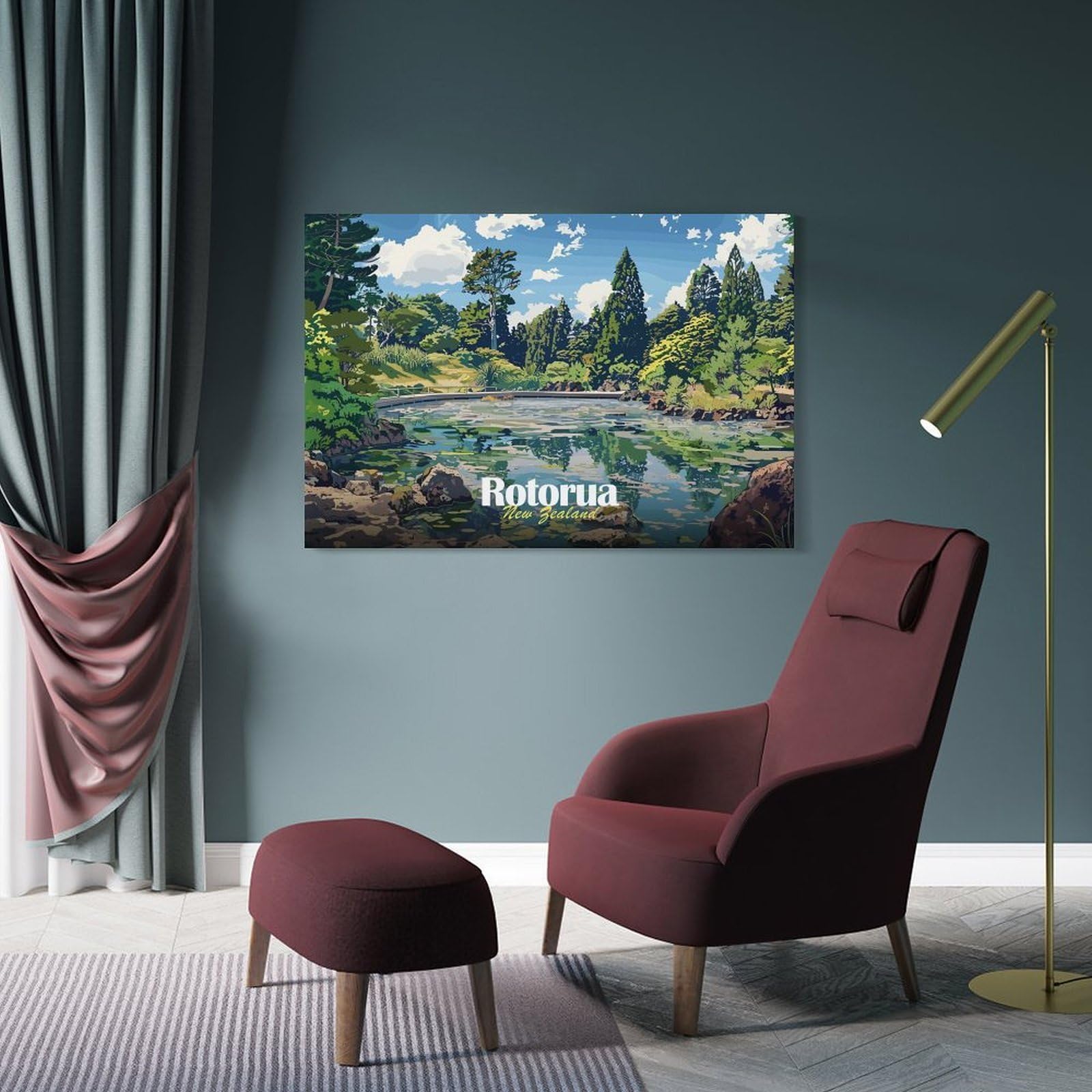 Junmoney Frame-Style-1 Decorative Wall Artwork Rotorua, New Zealand Landscape, 08X12inch(20X30cm), For New Homes, Bedrooms Or Workspaces, Canvas Artwork With Gifting Potential