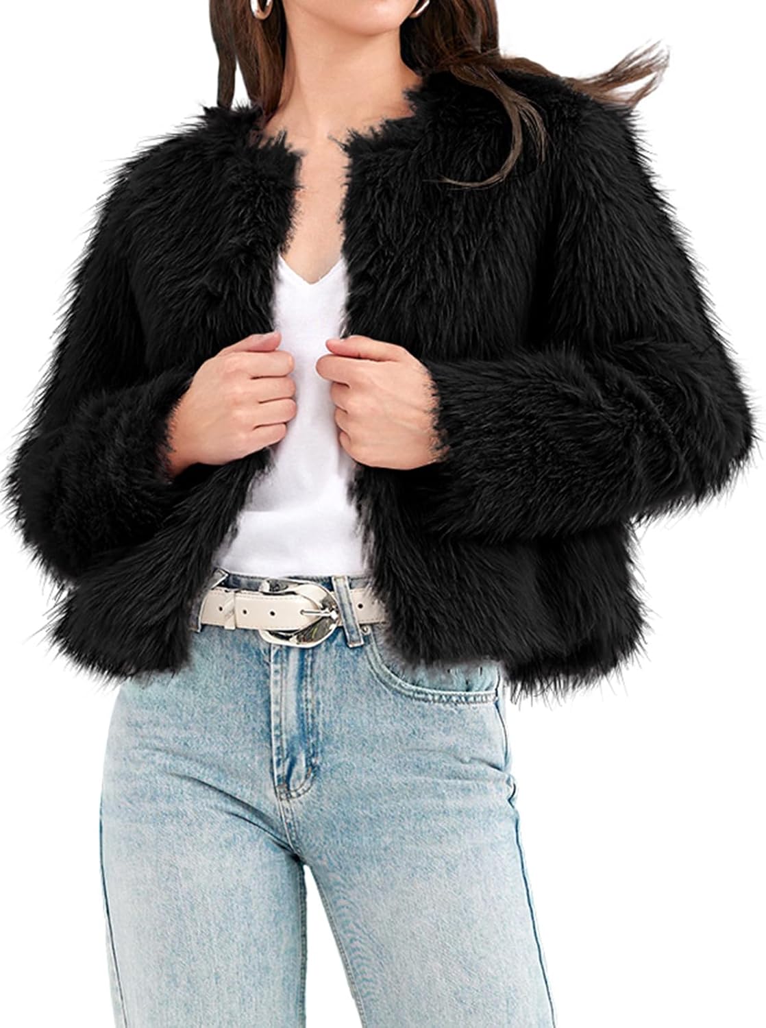 Fisoew Womens Faux Fur Coat Long Sleeve Cropped Fleece Open Front Short Jacket Outerwear - Image 5