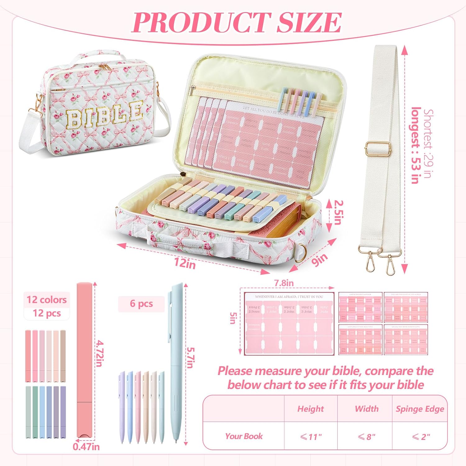 Sinload Quilted Bible Cover Case for Women 12 x 9 x 2.5 Inch Bible Chenille Letter Bag with Shoulder Strap Carrying Tabs 6 Colored Pens 12 Highlighters Christian Church Study Gifts(Pink,Bow Floral)