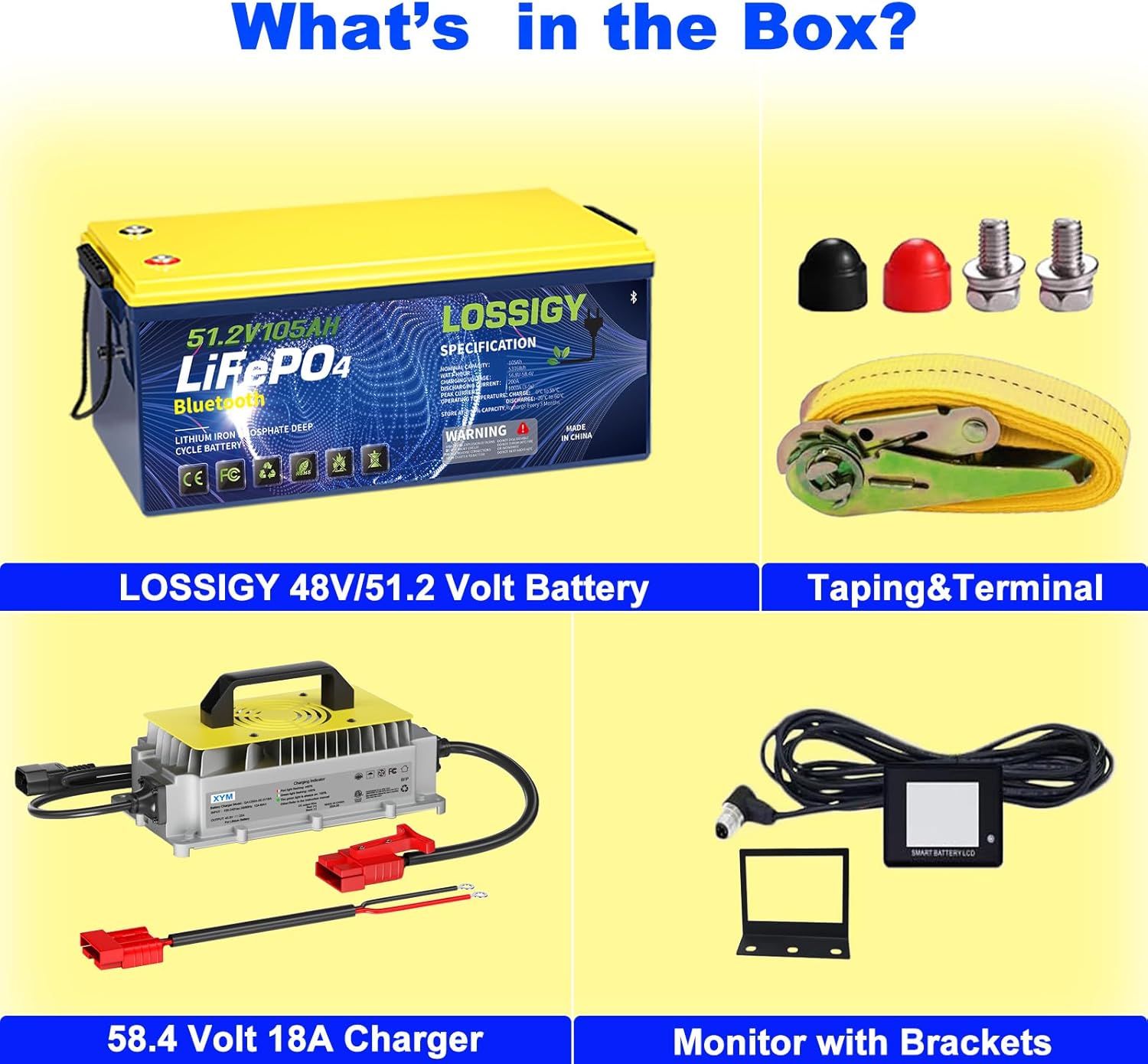 Contents of the LOSSIGY 48V 105Ah Lithium Battery System package