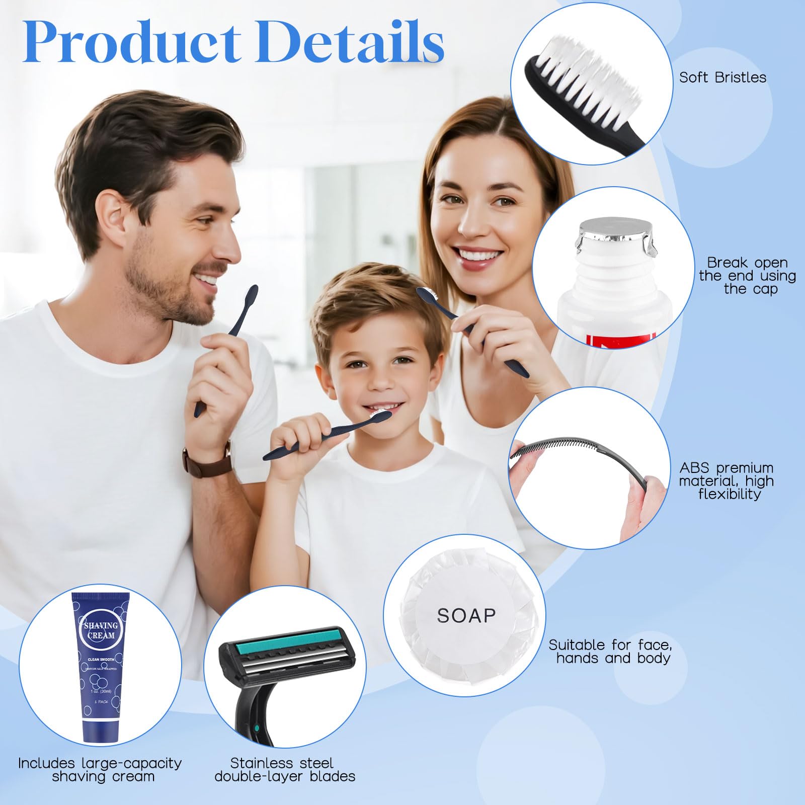 Kit di articoli da toeletta usa e getta, 6 in 1, formato da viaggio, essenziali per uomini e donne, confezionati singolarmente, set di articoli da toeletta personali per hotel, beneficenza, ospiti