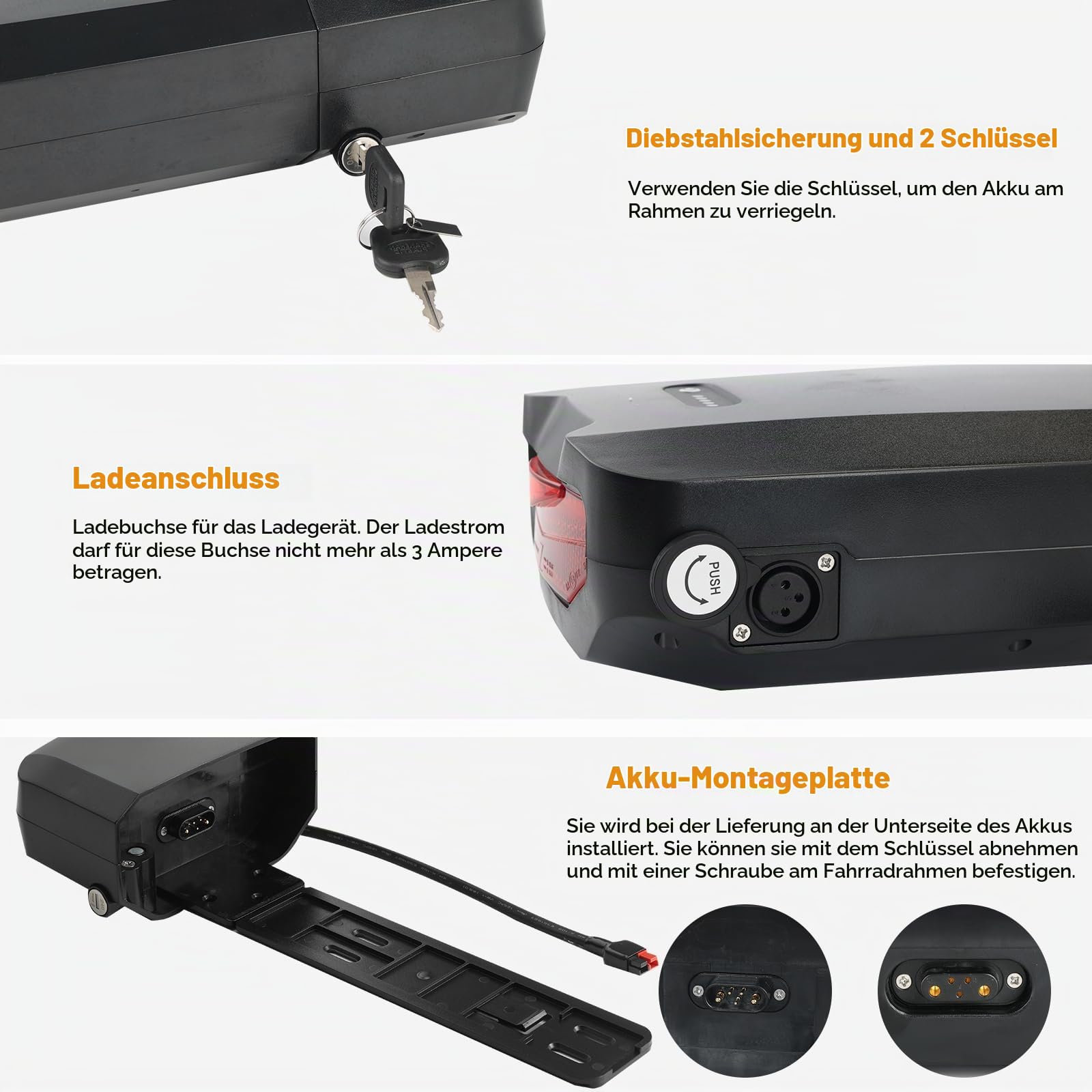 Gepäckträger Ebike-Akku, 36V 48V 52V 15AH 17.5AH Lithinum-Ionen Ebike Batterie Pedelec Akku mit Ladegerät, Rücklicht, Safe Lock für Elektrofahrrad