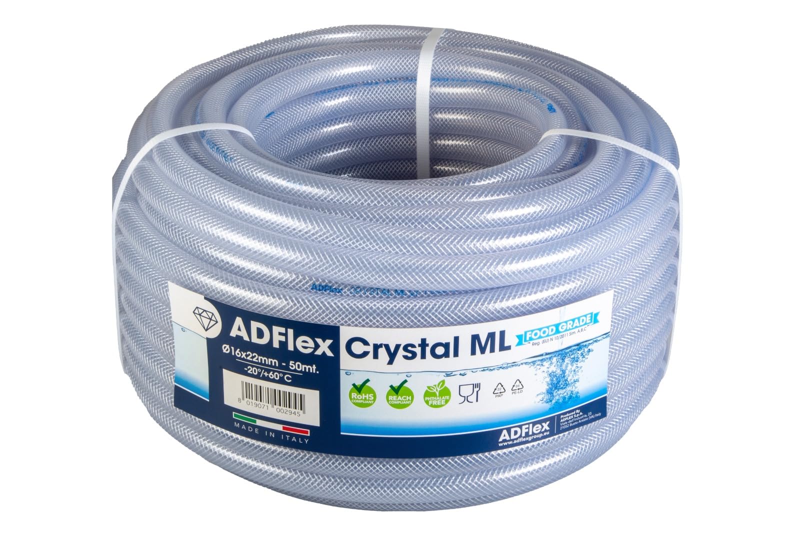 Tubo in PVC trasparente Crystal Retex ML 16x22 50 m Rinforzato, Ultra Resistenza, Qualità Alimentare, passaggio aria, aria compressa, passaggio liquidi, acqua potabile, irrigazione
