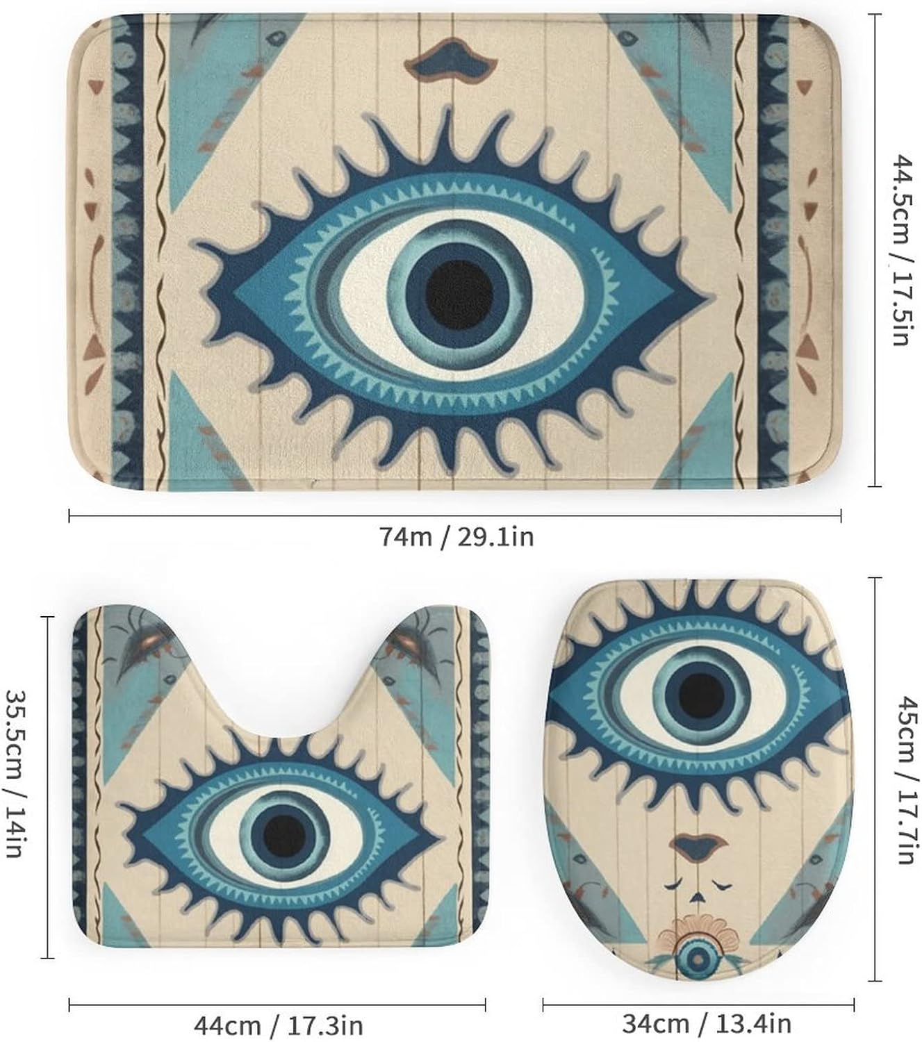 4 Pcs Bathroom Shower Curtain Set,Bathroom Sets with Rugs (Bath Mat,U Shape and Toilet Lid Cover Mat), Evil Eye Tribal Boho Retro Bathroom Decor Set