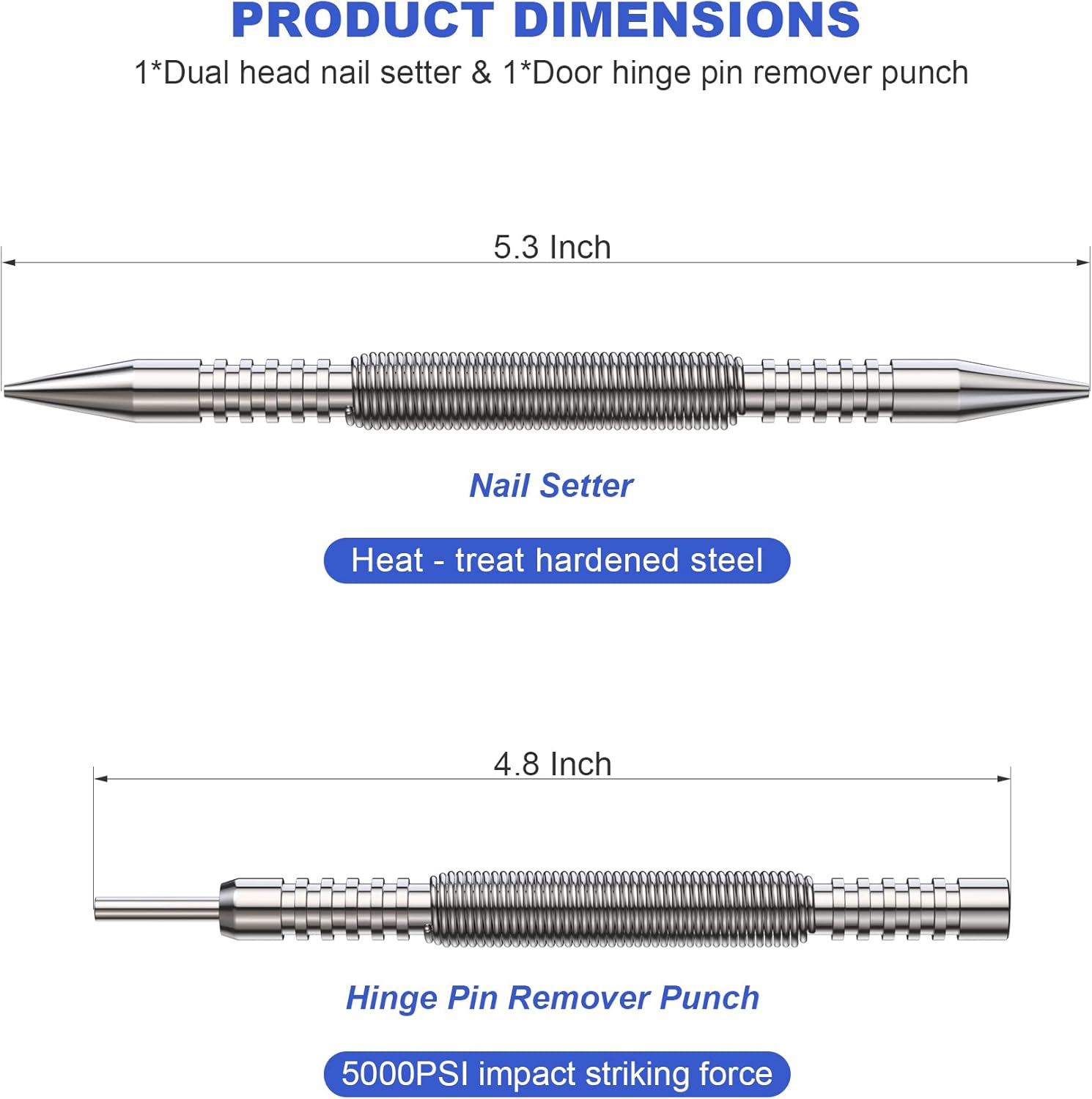 Glieskir Spring Loaded Nail Set Tools,2-PCS Dual Head Nail Setter and Hinge Pin Punch Set, Hammerless 1/16″& 3/32″Spring Nail Set, Super Strong Force Door Pin Removal Tool