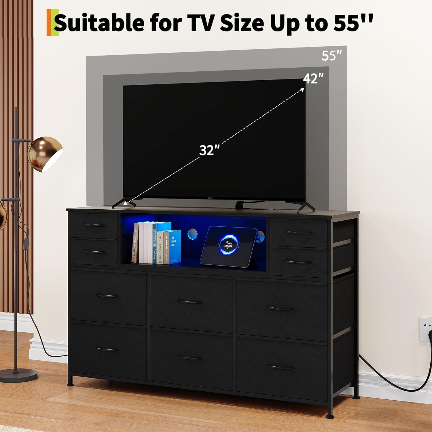 LED 10-Drawer Dresser TV Stand with Charging Station & RGB Lights, 3-Tier Fabric Storage Drawer Chest, Wood Top Entertainment Center for 45/50/55/60 Inch TVs, Modern Storage Furniture for Living Room