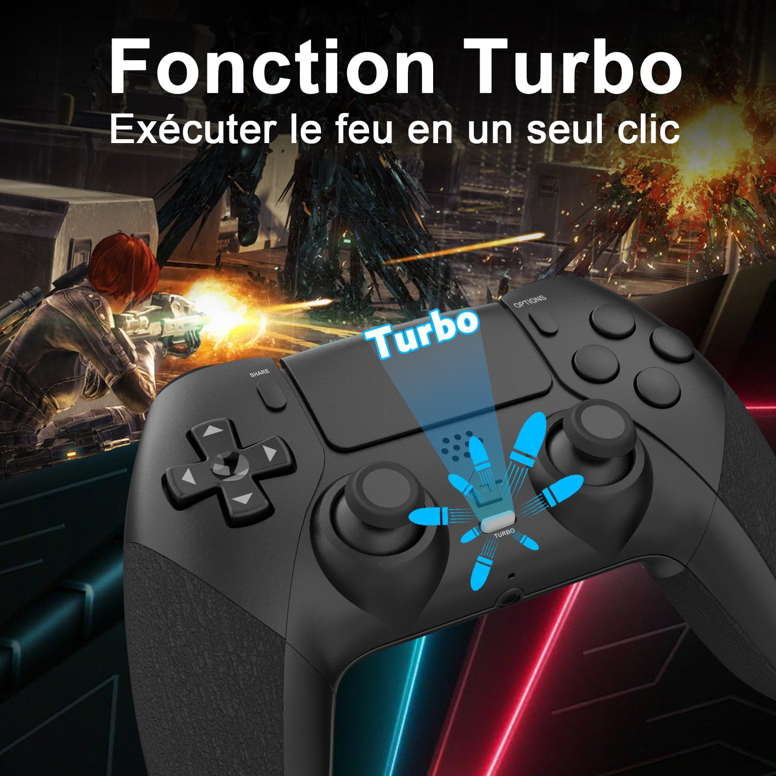 Shiptree Manette pour PS-4, Manette Sans Fil Controller Compatible avec P4/P4 Pro/Slim, Gamepad P4 avec Turbo/Gyroscope à 6 Axes/Boutons Programmables/Double Vibration/Pavé Tactile - Noir