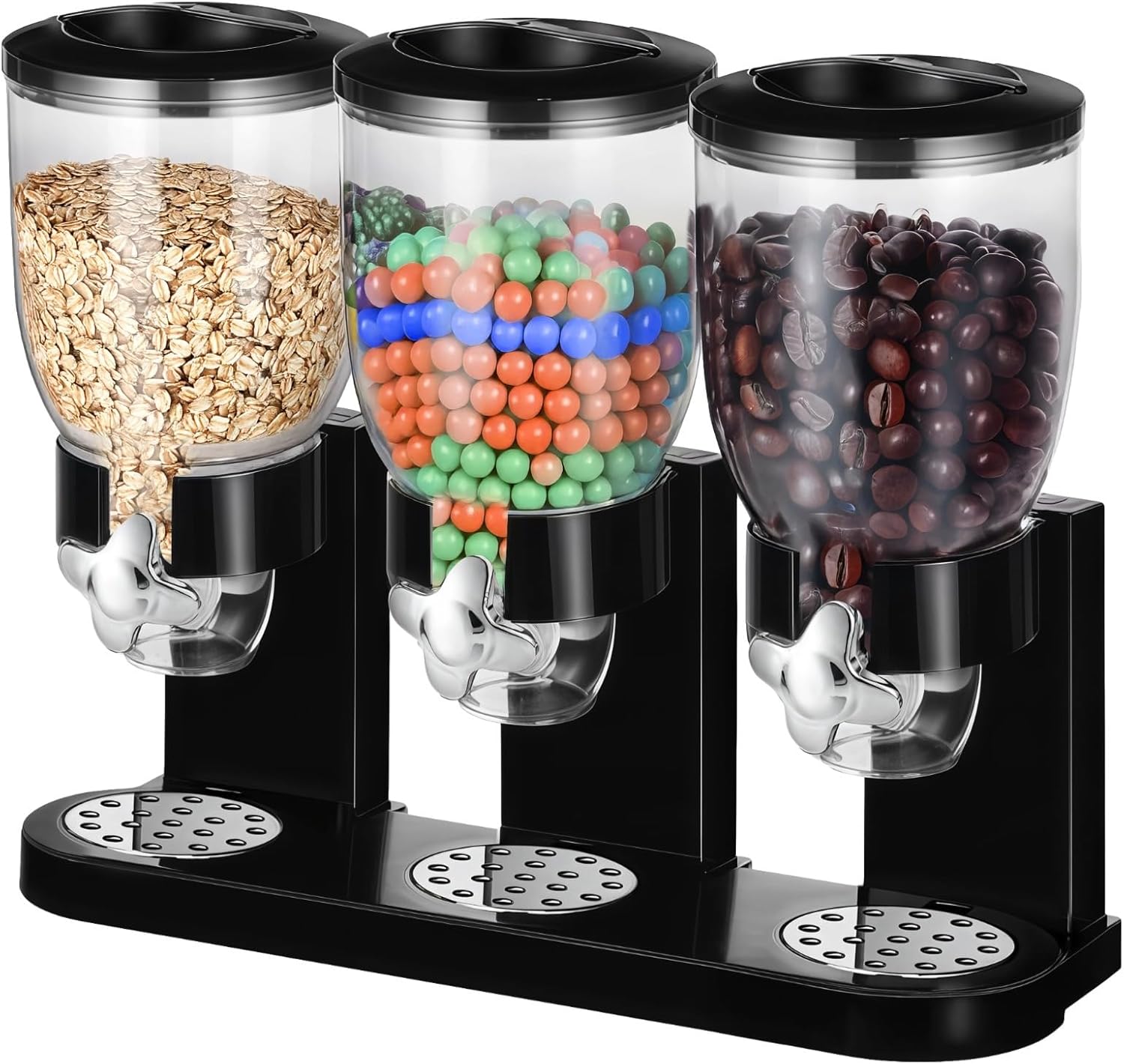 2L Snack Dispenser Acrylic With Black Base, 3 Independent Containers, Clear Storage Food For Dry Foods, Nuts, Grains, Candies, Metal Dispensing Ports