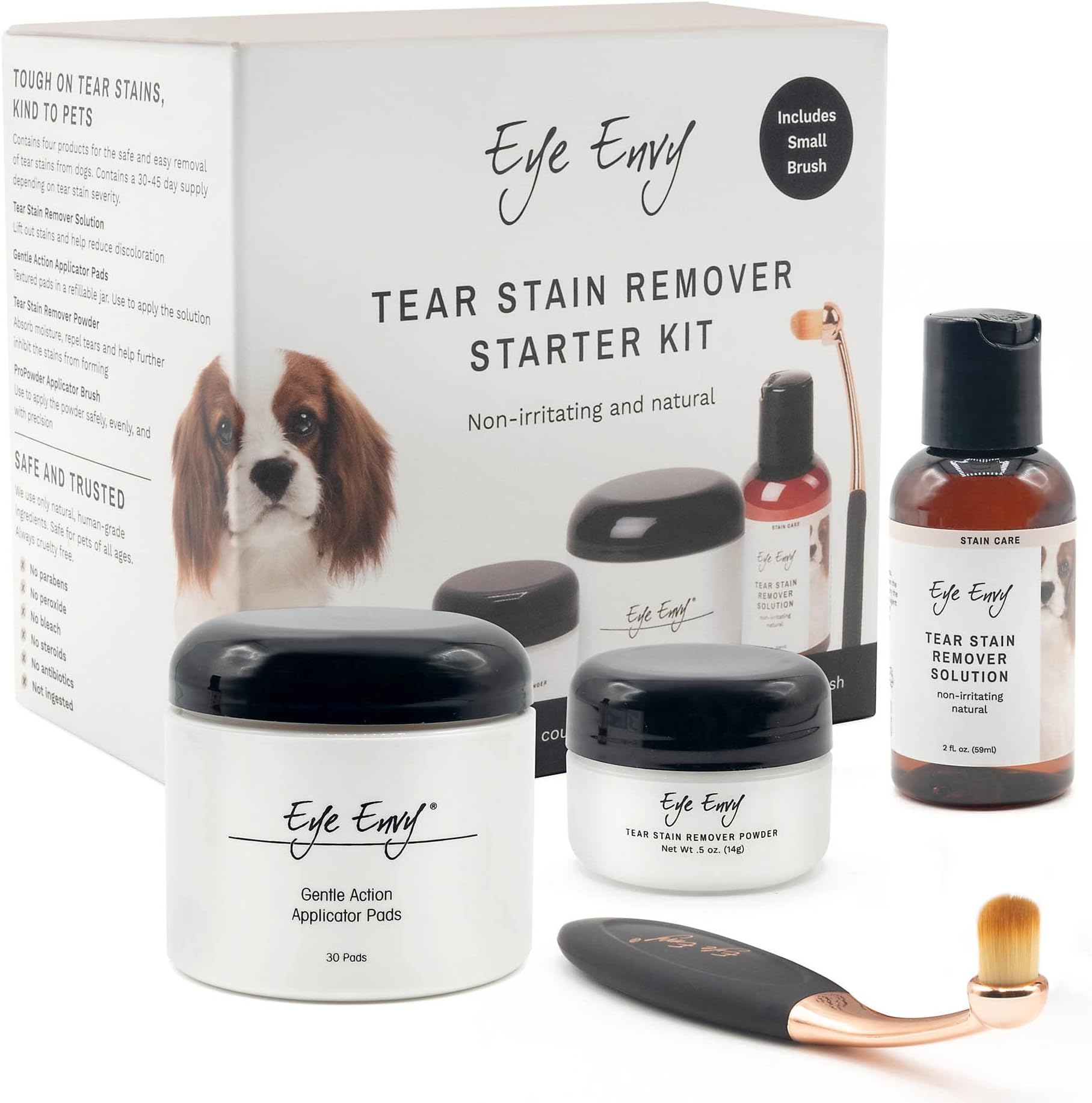 Dog Tear Stain Remover Starter Kit with ProPowder Brush | Stain Solution, Applicator Pads, Stain Powder and Small Applicator Brush | Lasts 30-45 days