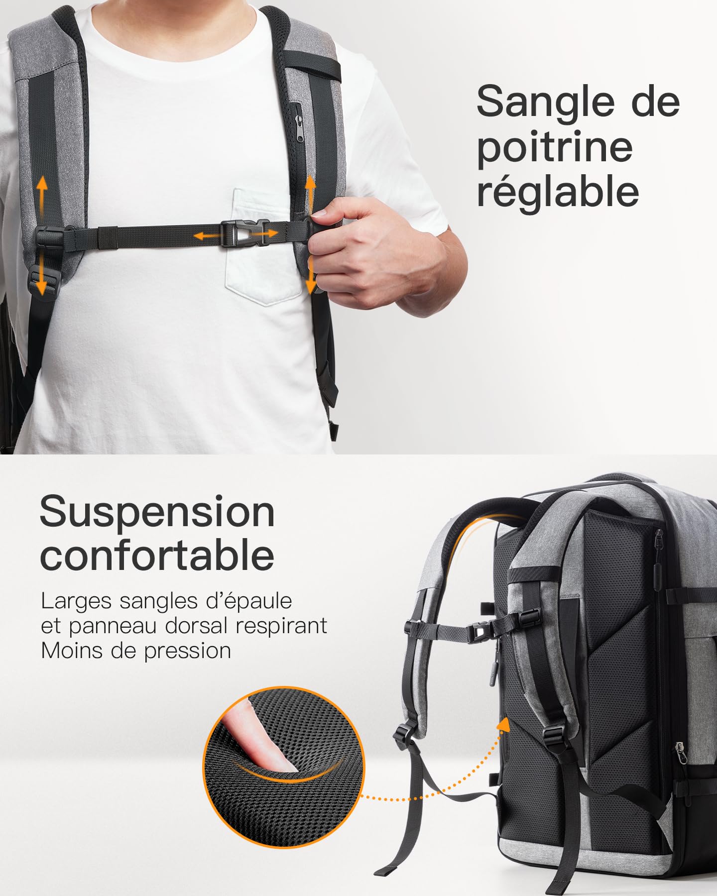 Inateck 38.5-46.2 L Sac à Dos de Voyage Extensible pour Homme et Femme pour Ordinateur Portable 17,3" et iPad 12,9" pour Weekender