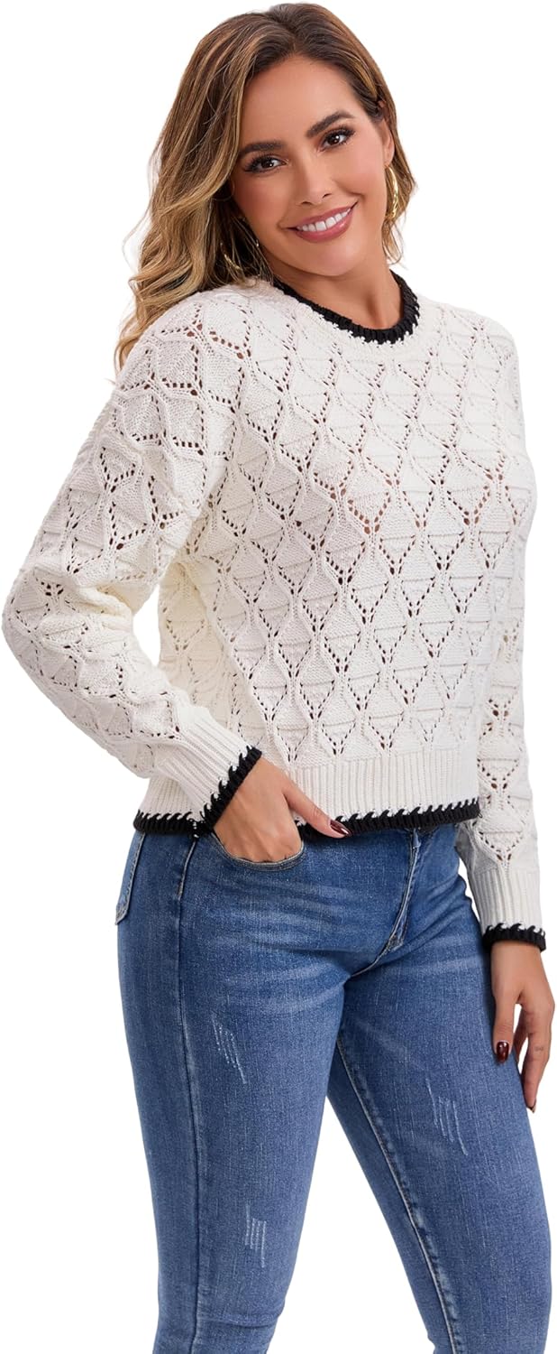 Froggirl Women’s Hollow Knit Sweater Long Sleeve Crew Neck Pullover with Wavy Trim Hem – Casual Spring Fall Top - Image 3