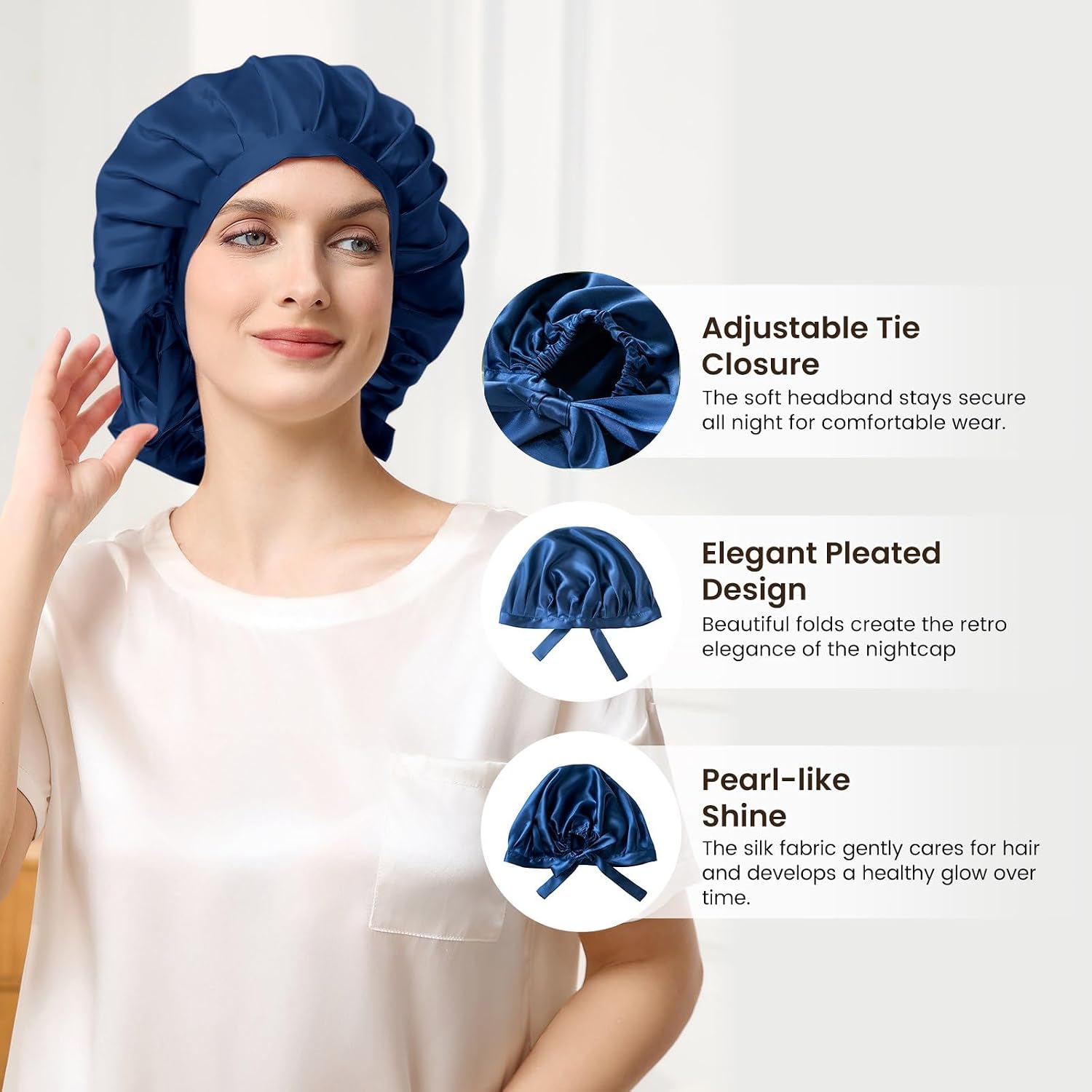 THXSILK 19 Momme Silk Bonnet for Sleeping, 100% Mulberry Silk Sleep Cap with Elastic Tie Band
