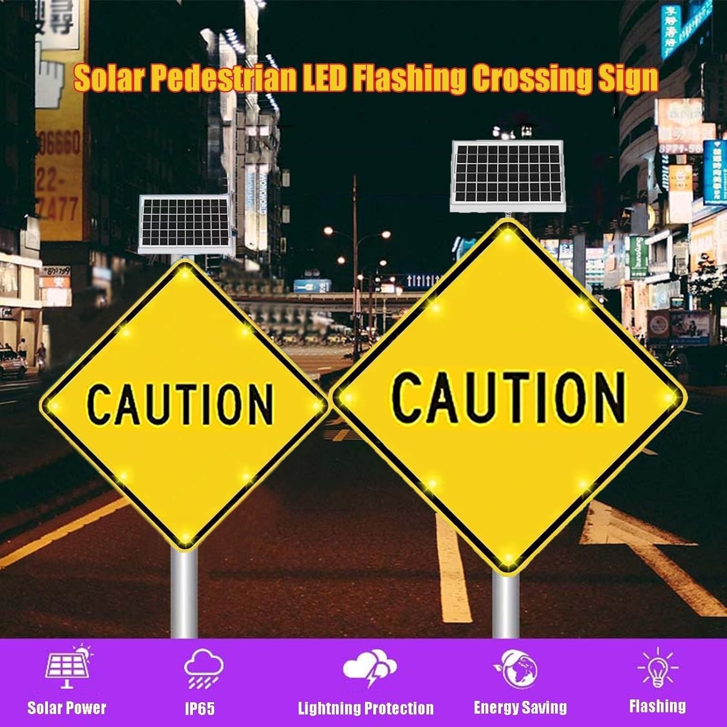 Solar LED Street Warning Sign 24 Inch, Road Safety Traffic Warning Sign, Rust-Proof Aluminum Flashing Warning Signal Light Board