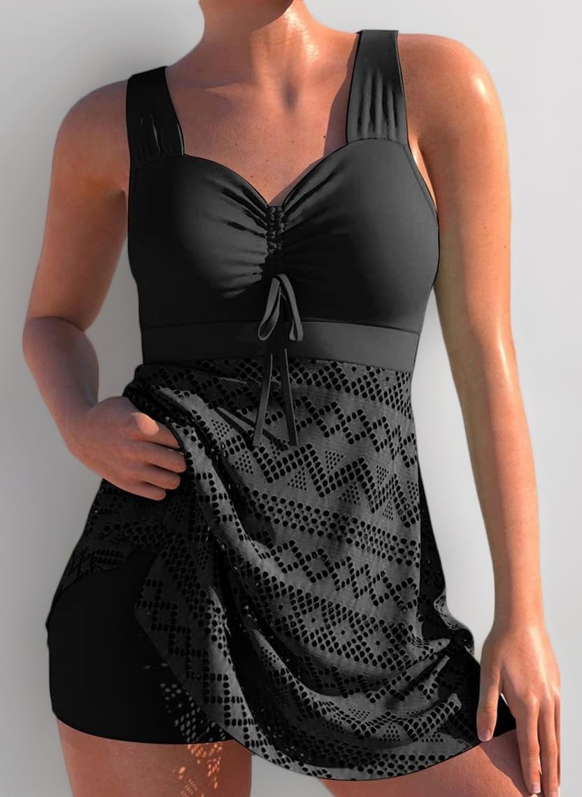 Women's Swimdress with Shorts Crochet Hollow Out 2 Pieces Swimsuit Criss Cross Back Tankini Sets