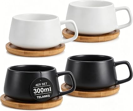 Set of 4 Cappuccino Cups with Saucer, 300 ml Coffee Cups, Espresso Cups Made of Stoneware for Tea, Coffee, Cappuccino, Coffee Cups with Wooden Disc, Black and White