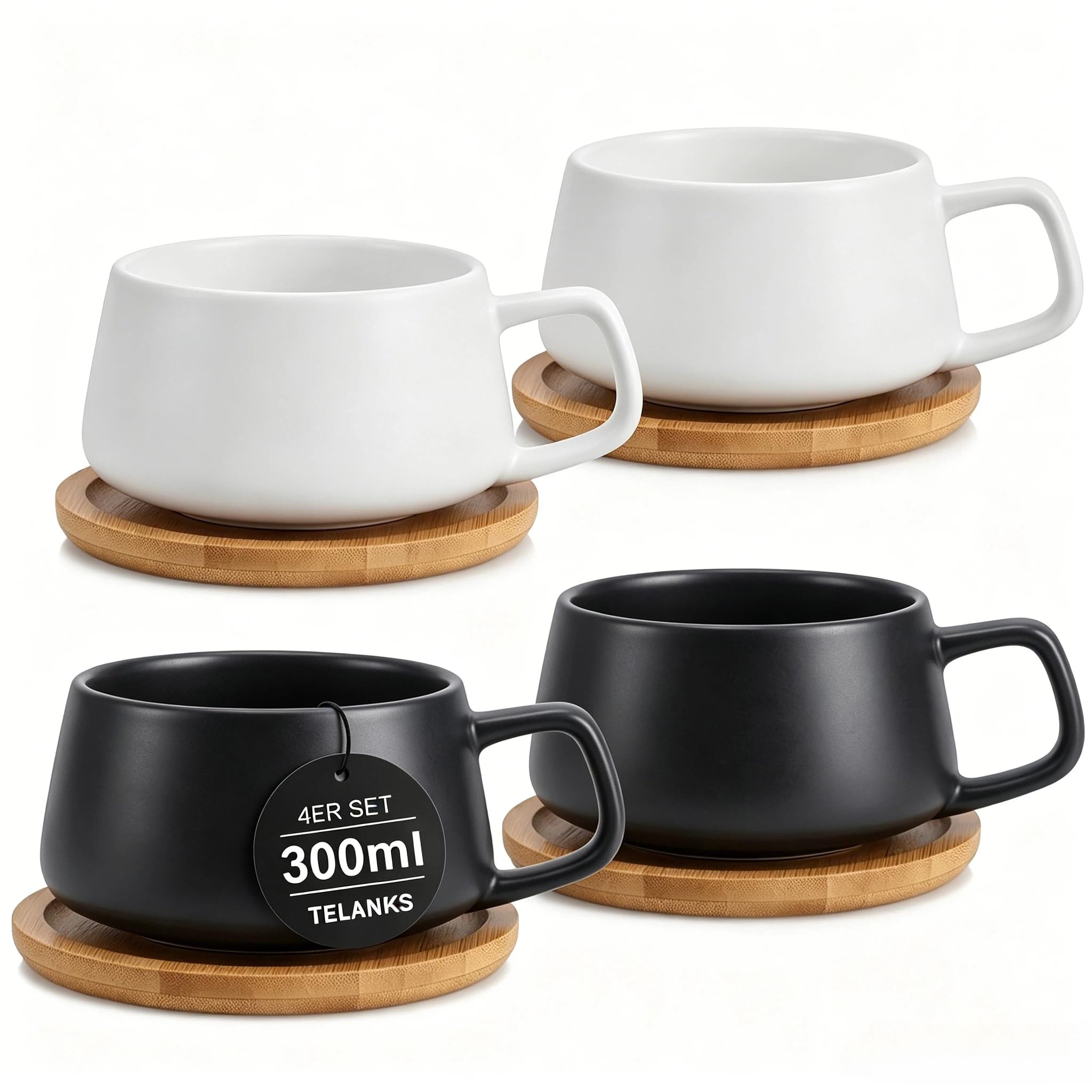 4er Set Cappuccino Tassen mit Untertassen, 300 ml Keramik Kaffeebecher Groß,Schwarz&Weiß, für Latte, Americano, Tee, Kaffeeliebhaber Küche, Haushalt & Wohnen