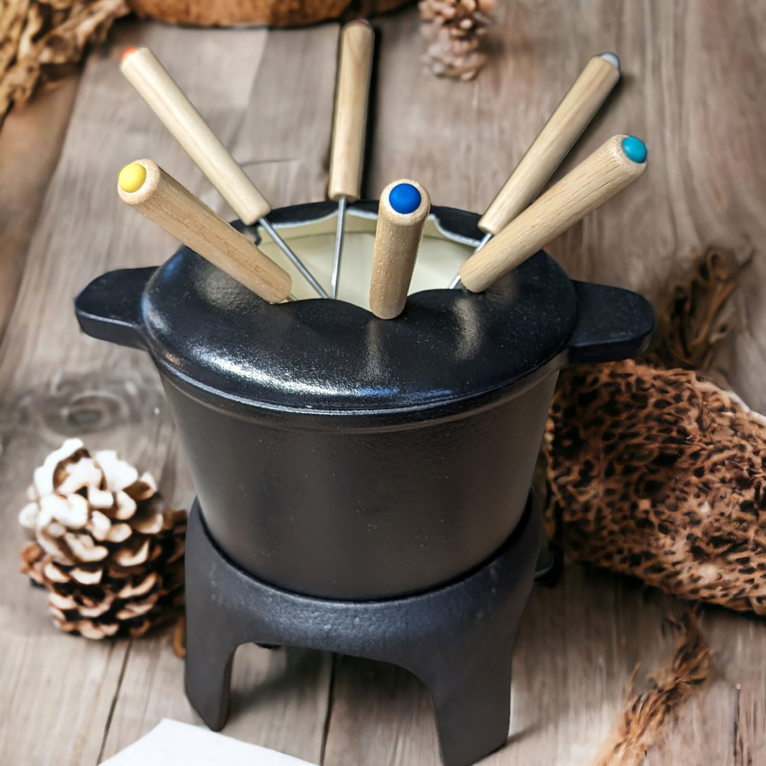 osoltus Fondue | Käsefondue | Fleischfondue Set Gusseisen 6 Personen Emaille schwarz