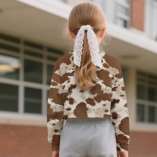 Girls Cropped Sweatshirt Kids Casual Pullover Sweatshirts Long Sleeve Crew Neck Crop Tops for Teen Girls 5-14 Years(Brown Cow Hide Print,7-8 Years)