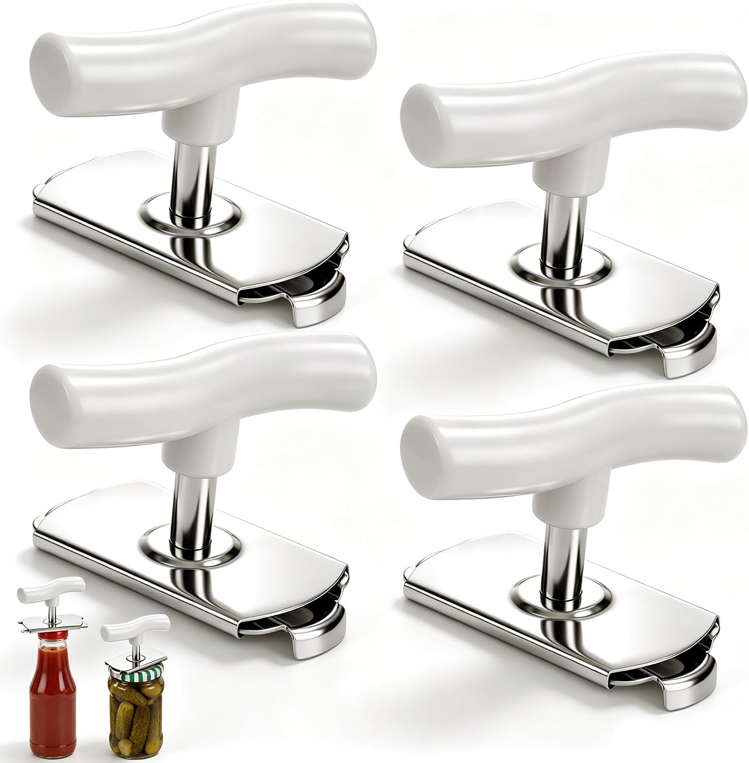 4 Pcs Adjustable Jar Opener for Seniors White Stainless Steel Bottle Lid Gripper for Weak Hands Arthritis Universal Lid Remover Kitchen Tool for All Sizes of Jars Bottles (White)
