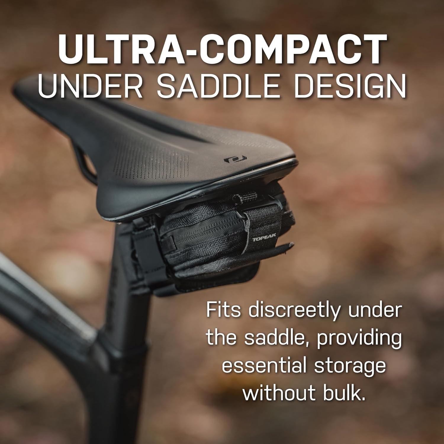 Topeak Elementa GearBag EX discreetly mounted under a bicycle saddle.