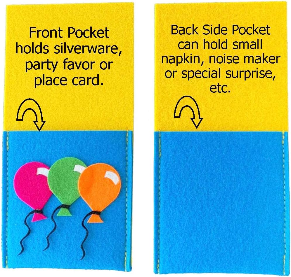 Birthday Silverware and Party Favor Holders 8 Pack Felt Pockets for Kids or Adults Party Table Decorations, Reusable, Fun and Colorful Polyester Felt