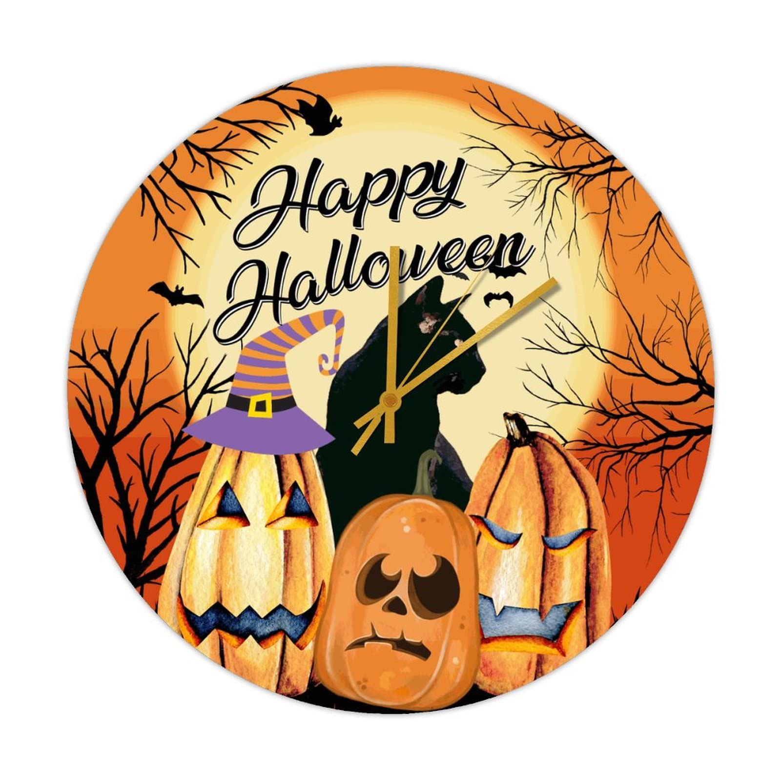 Horloge chat et citrouille en bois de 38 cm, cadeau original decoration d'Halloween