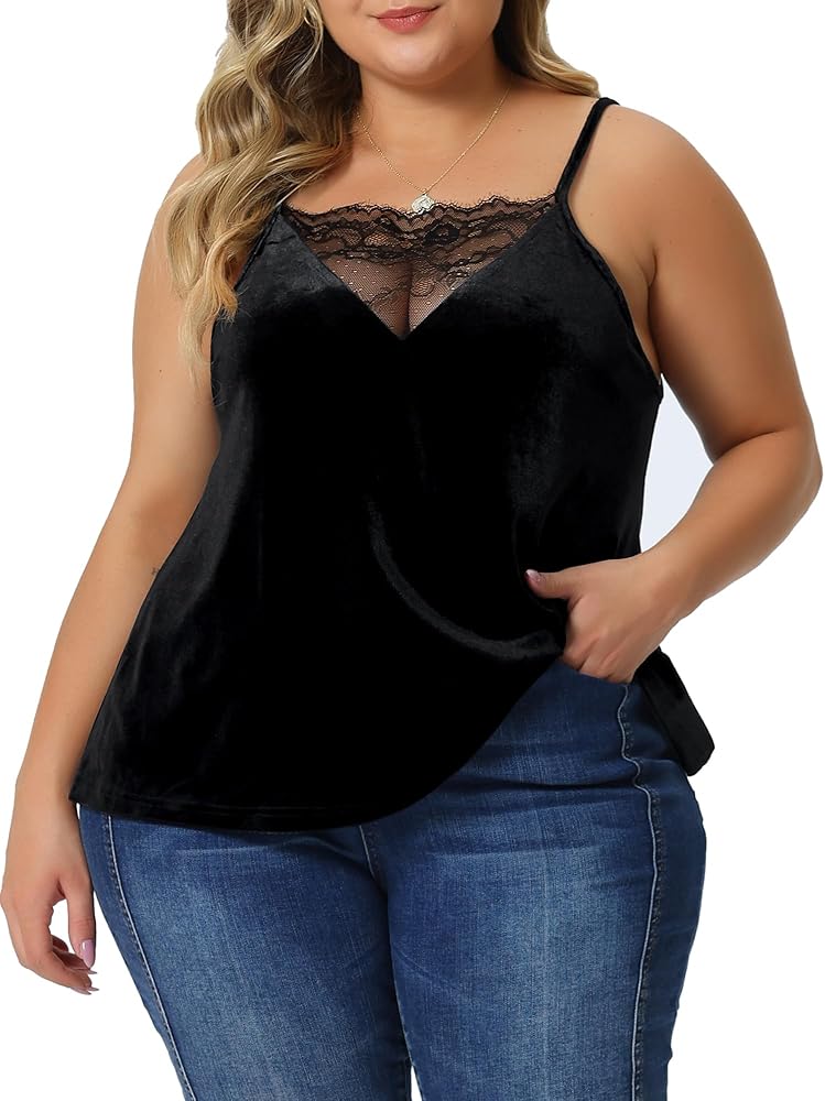 Agnes Orinda Plus Size Sexy Velvet Cami for Women Lace Deep V Neck