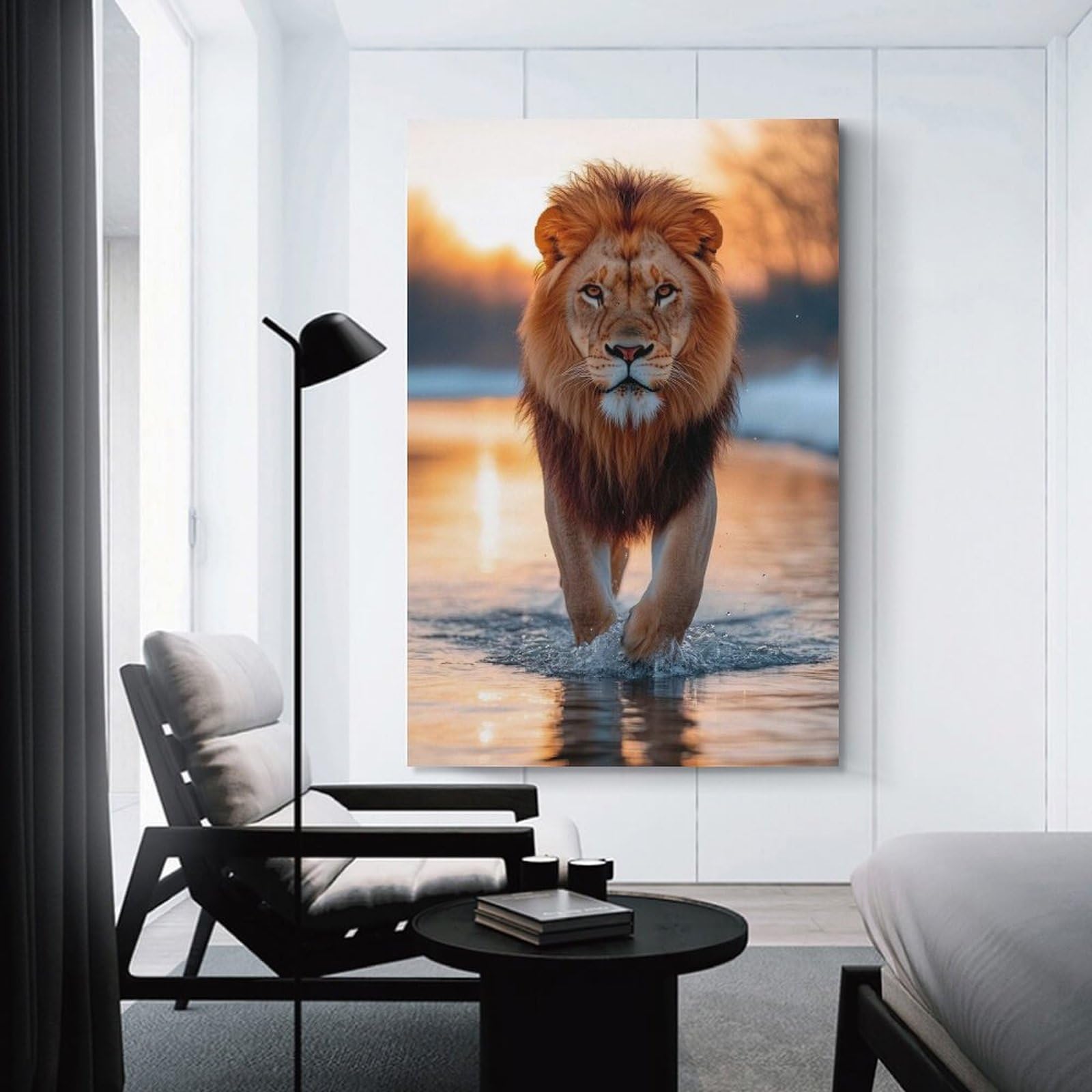 Junmoney Hanging Wall Art Majestic Lion Walking Through Water at Sunset, 24x36inch(60x90cm), for Living Room, Bedroom Or Apartment Walls, Decorative Artwork for Empty Walls