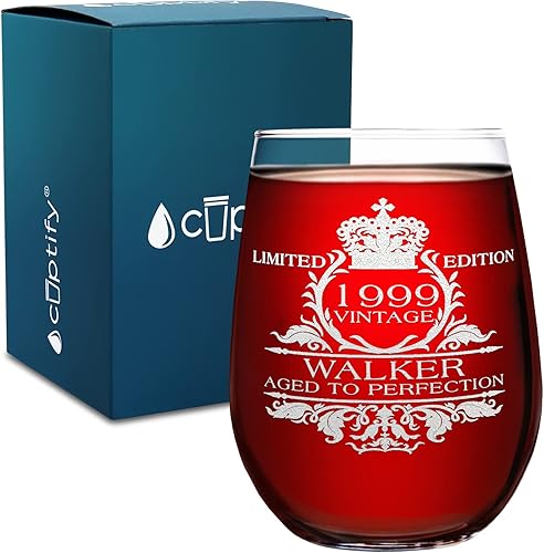 Cuptify Copa de vino personalizada para mujer, regalo de cumpleaños número 26, edición vintage de 1999, 17 onzas, copa de vino sin tallo, regalos de