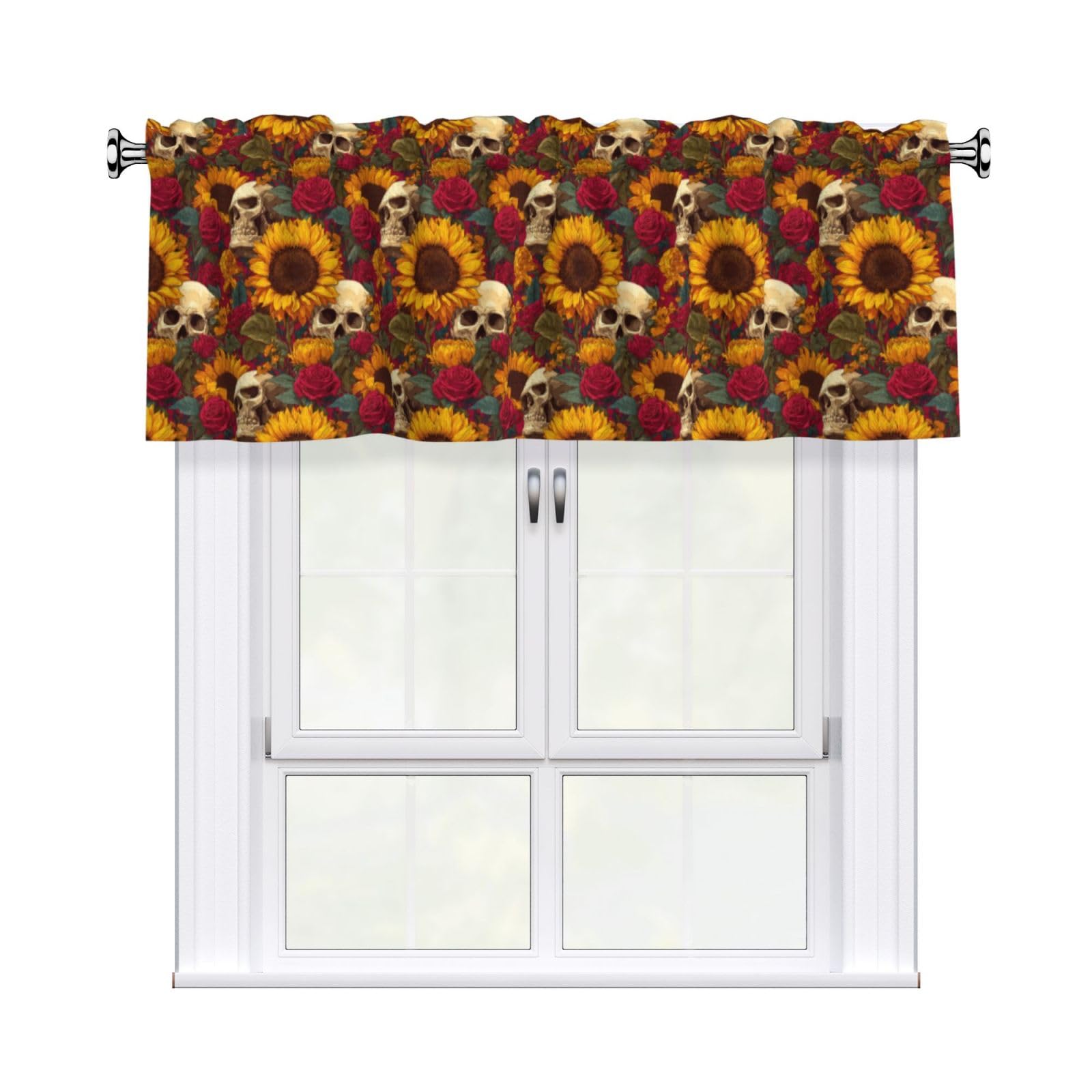 Woshuwo Sunflowers Roses Skull Valances For Windows Rod Pocket Window Treatment Short Curtains For Kitchen Living Room Bedroom Decor 54x18in