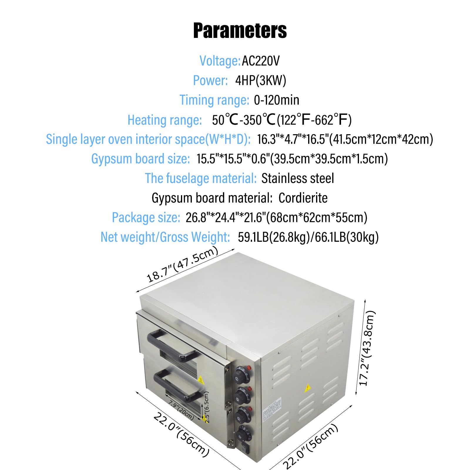 WYDDDARY Commercial Pizza Electric Oven Up to 350°C(662?) Stainless steel Double Pizza Oven Bakes 16-inch pizzas for gathering to Cookies,Bread,Cake 3000W/220V