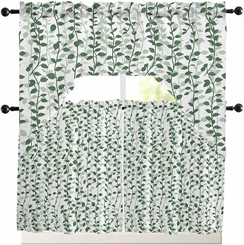 Green Ivy Leaves Swag Kitchen Curtain Sets with Valance, 3 Pieces Spring Plants Botanical Modern Country Curtain Drapes Rod Pocket for Bedroom Living Room Bathroom Windows, 56"x36" & 24"x27.5"x2Panels