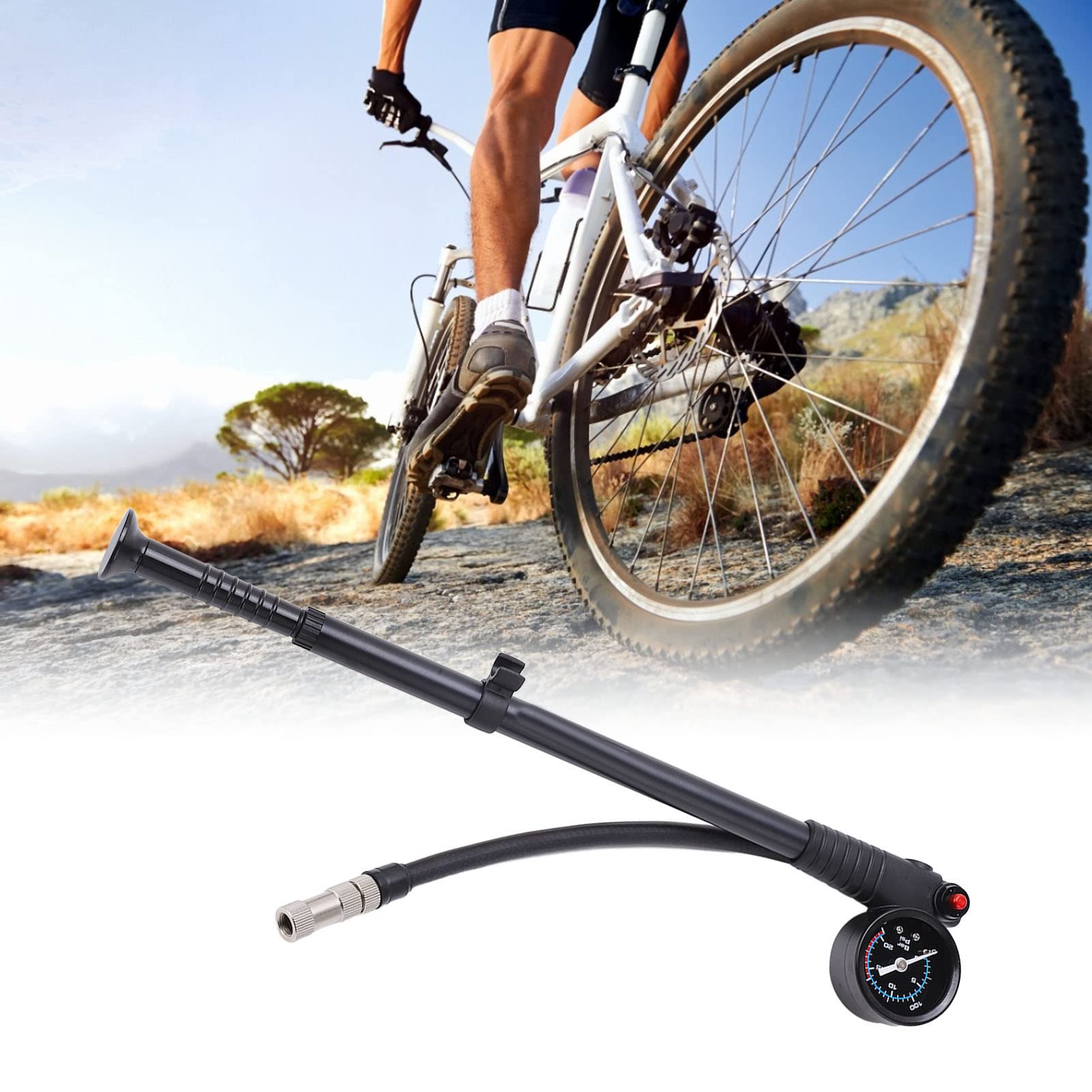 CHICIRIS Federgabel Dämpferpumpe mit Manometer, Stoßdämpferpumpe, 300 PSI, Visuelles Druckrad, 360° Drehbar, Aufblasrohr, Fahrradpumpe aus Aluminiumlegierung für Vordergabel