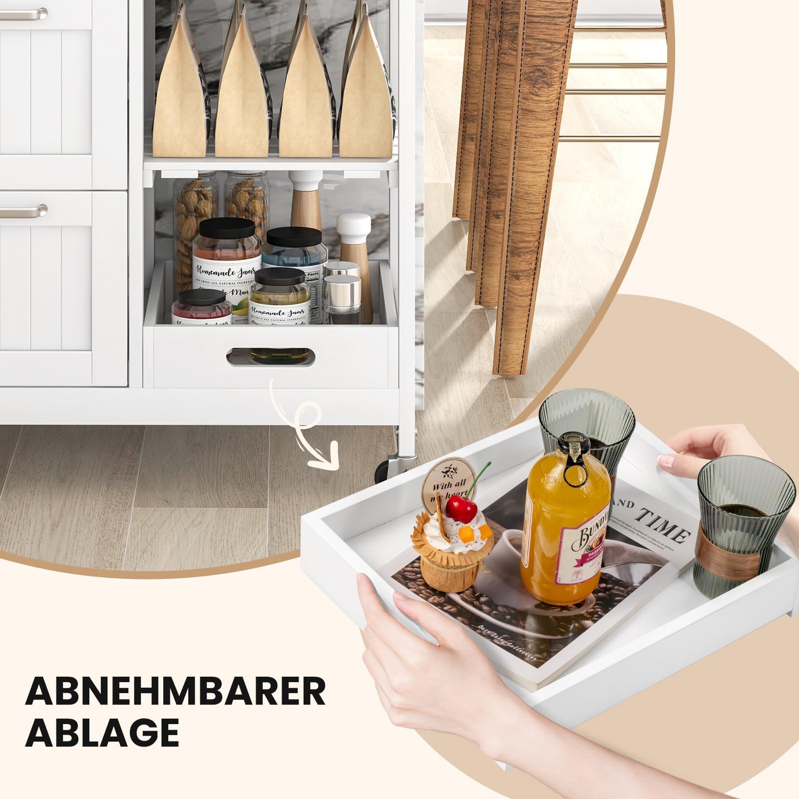 FANTASK Armoire de Cuisine avec 3 Grands tiroirs, Plateau et 2 Niveaux étagère de Rangement, îlot de Cuisine, Chariot de Service à roulettes, Chariot de Cuisine en Bois d'hévéa, 67 x 37 x 82,5 cm