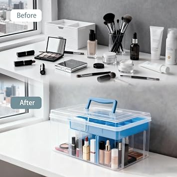 Clear Craft Storage Box with Lid 29x16x14.5cm Plastic Organiser Box, Blue