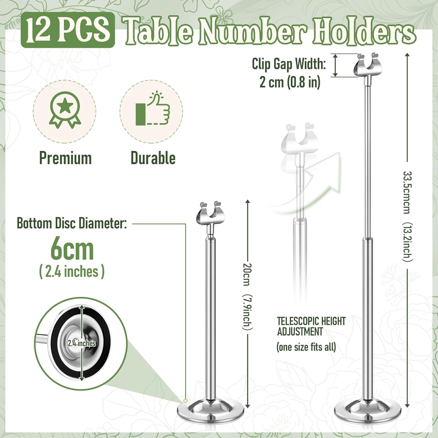 Kathfly Silver 12 Set Table Number Holders Adjustable Metal Place Card Holders Harp-clip Tabletop Sign Stands Detachable Card Holder for Weddings Birthday Restaurants Table Decor (7.9-13.2 Inch)