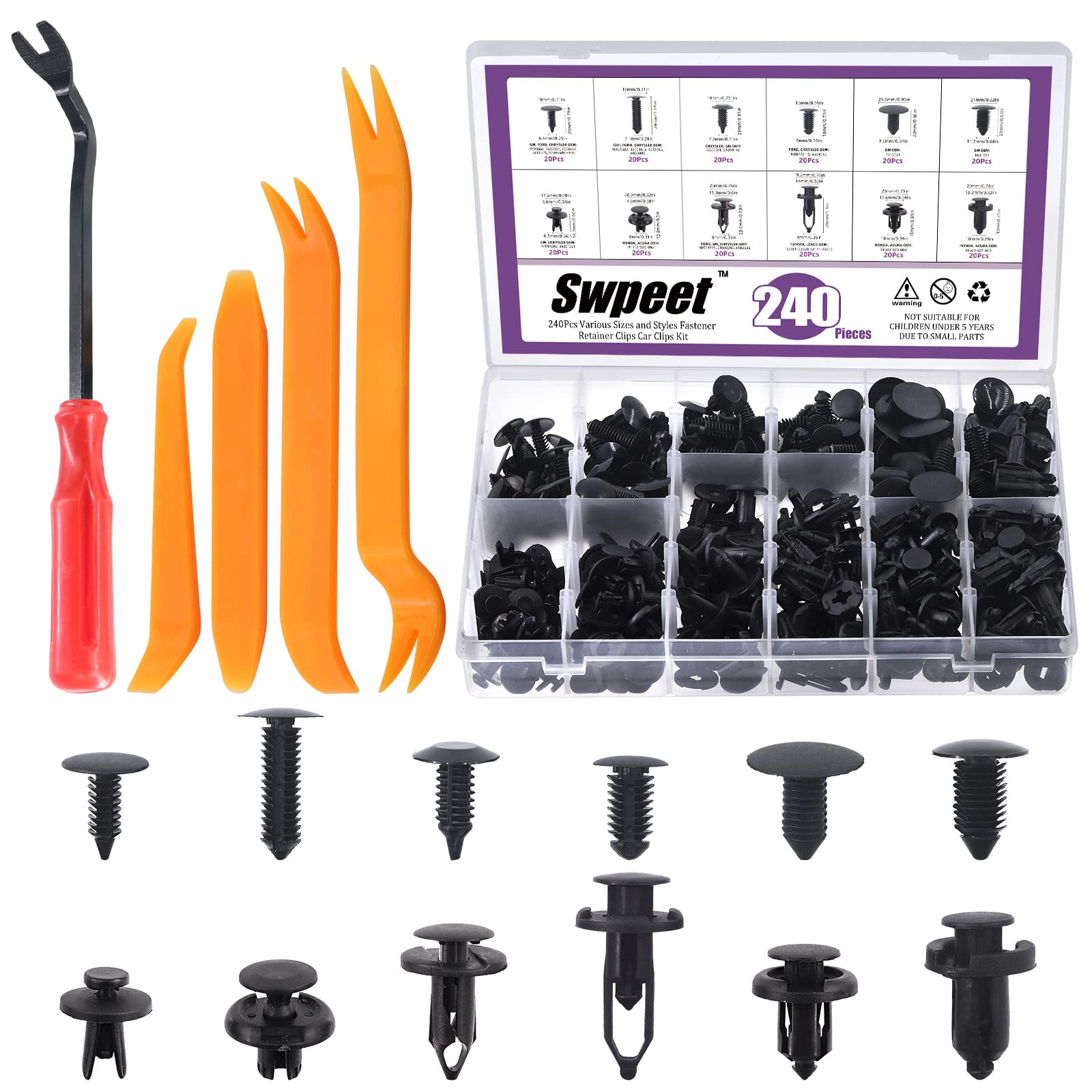 Swpeet240Pcs Car Retainer Clips and Panel Removal Tools with Fastener Removal Tool Assortment Kit, Most Popular Sizes Plastic Fasteners Kit Auto Push Pin Rivets Set Compatible with Toyota, GM
