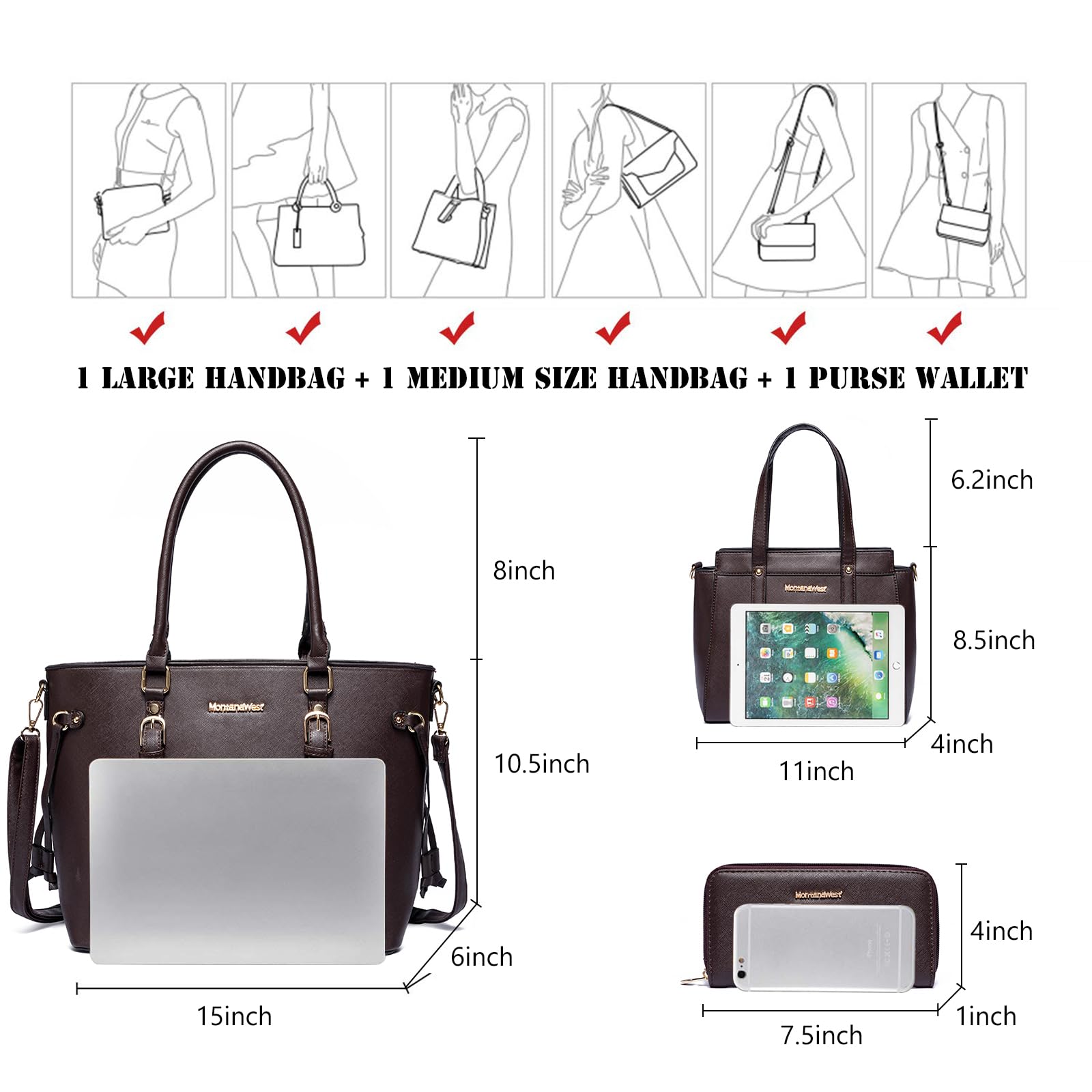 Montana West, Set di 3 borse da donna con borsa tote e portafoglio, borsa a tracolla, Large