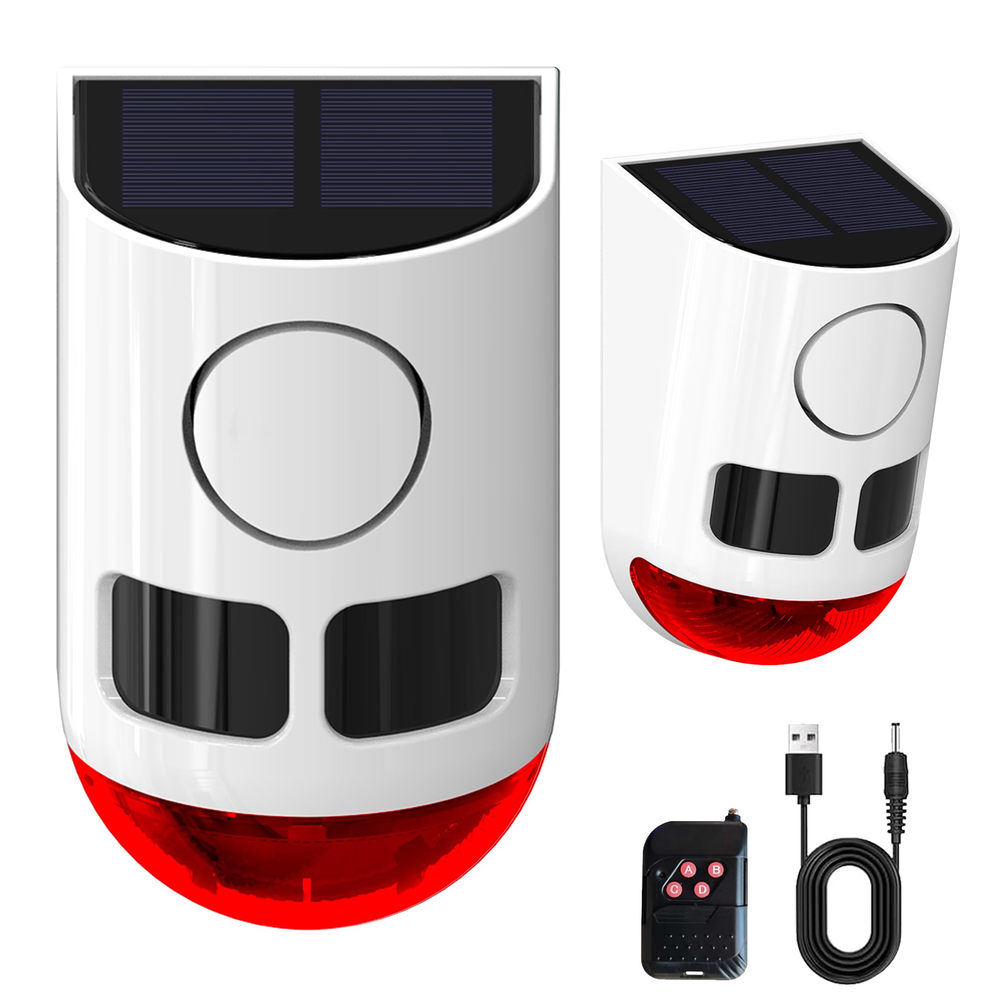 Alarma Solar con Sensor de Movimiento para Exteriores, 110 dB, Fabricante de Ruido Fuerte, 4 Modos de Trabajo, luz estroboscópica con USB para el hogar, Villa, Patio, gallinero, Granja, Granero