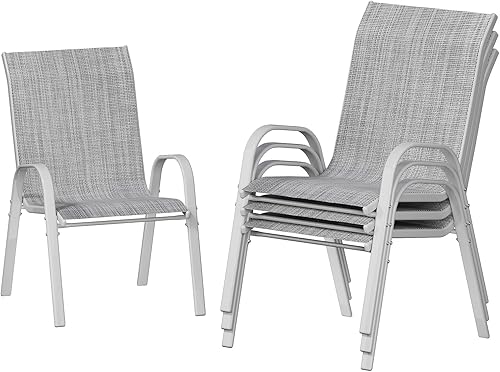 Miniatura 19 de UDPATIO Juego de 2 sillas de patio, sillas de comedor apilables plateadas para exteriores con respaldo alto, silla de tela de textileno transpirable