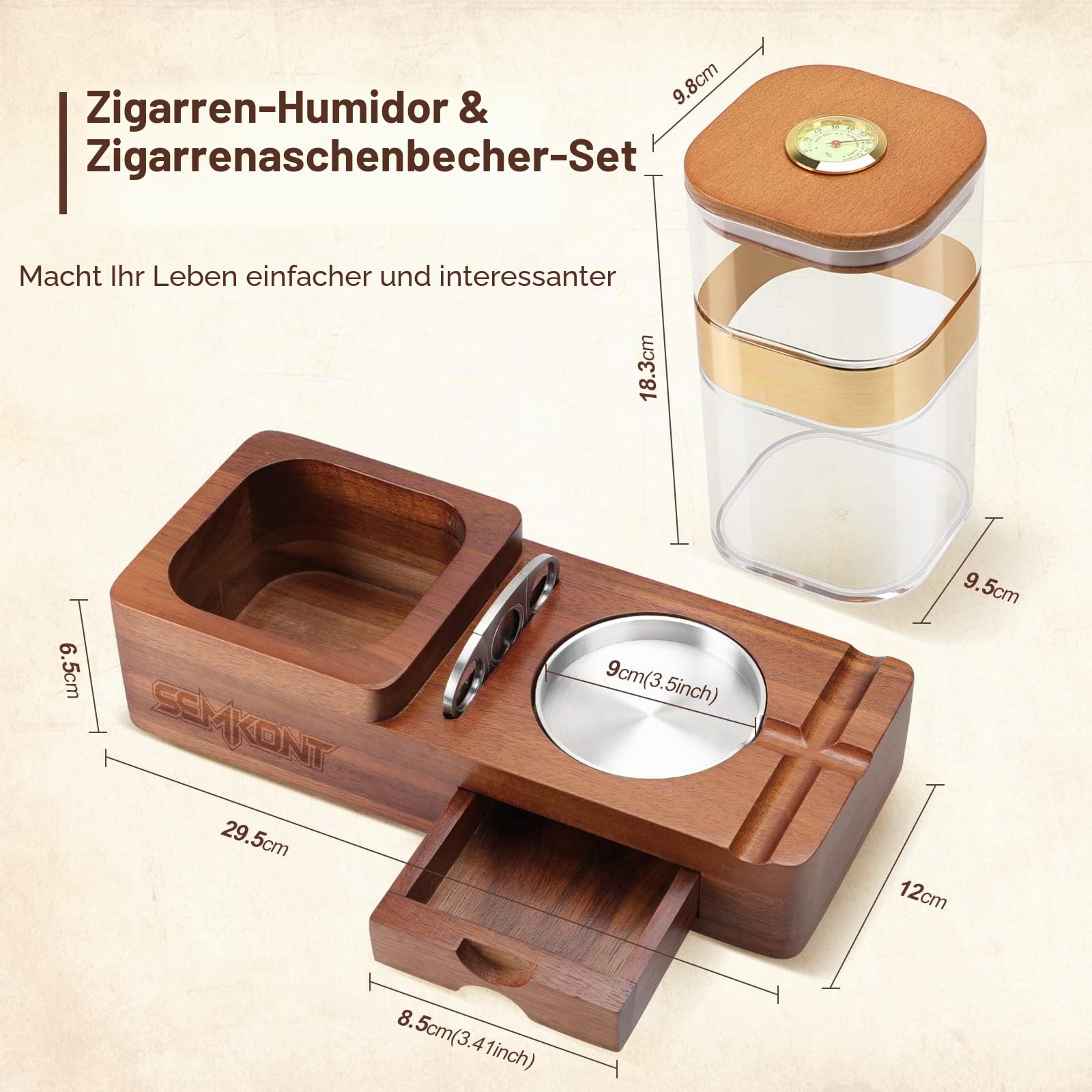 Zigarren Humidor und Aschenbecher Set, Holztablett mit Acryl Humidor Jar, Cutter Halter, Schublade, Schlitz und Zigarrenschneider Zubehör, Home Geschenksets für Männer