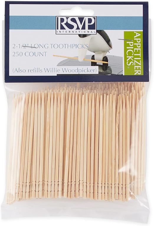 RSVP International Willie Woodpicker Toothpick Holder, Replacement Picks, 250-Count, 2.5" Long, Natural