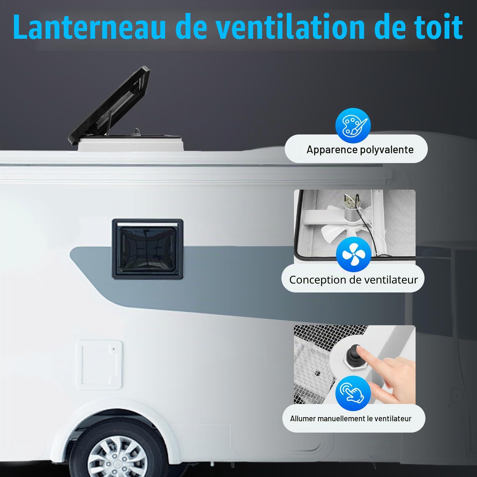 Fenêtre de toit pour caravane - 42 x 42 cm, lucarne de toit Avec brise-vue et ventilateur d'évacuation d'air, fenêtre de sortie de toit, SystèMe d’aération